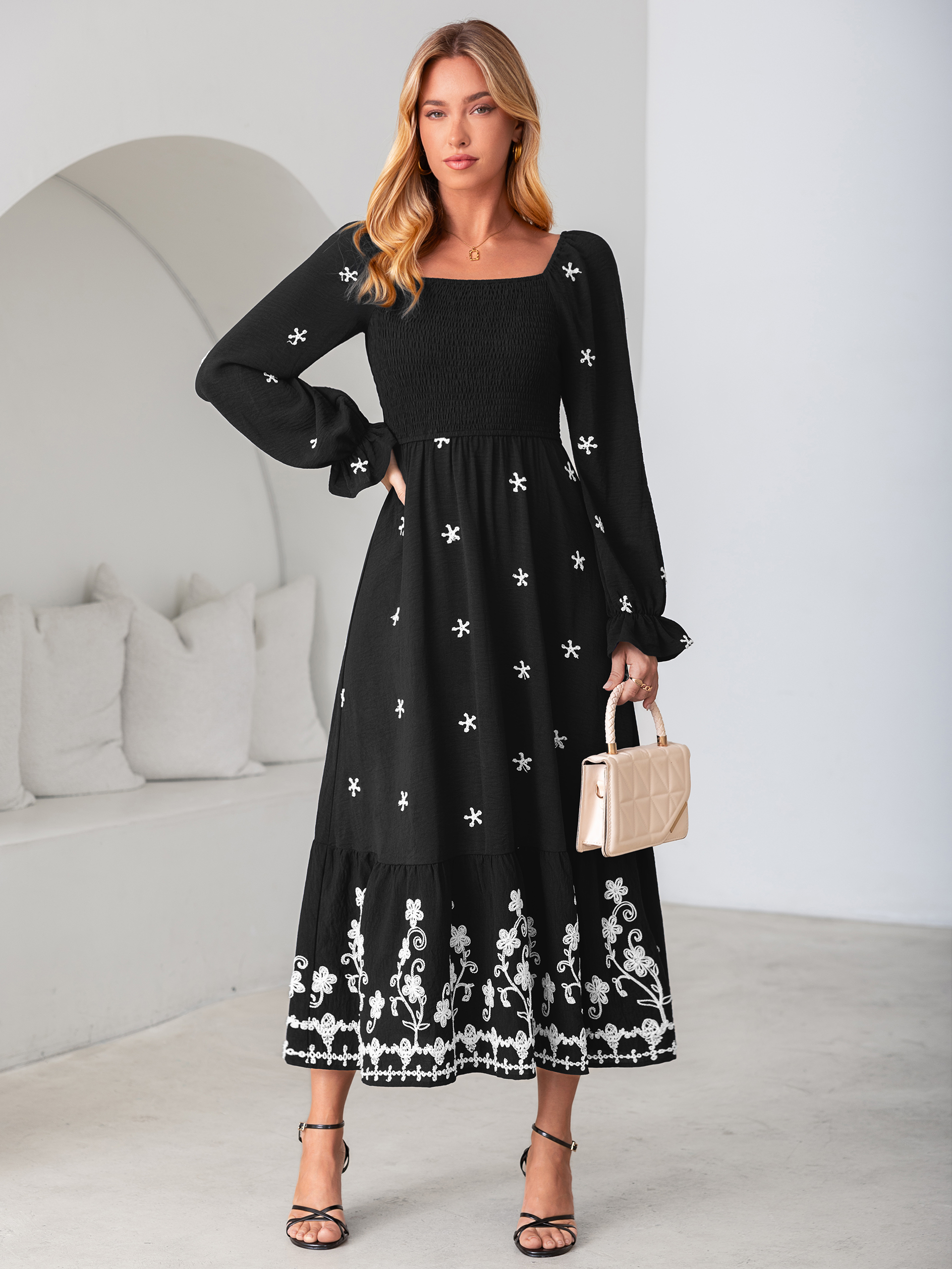 Boho Square Neck Floral Embroidered Maxi Dress