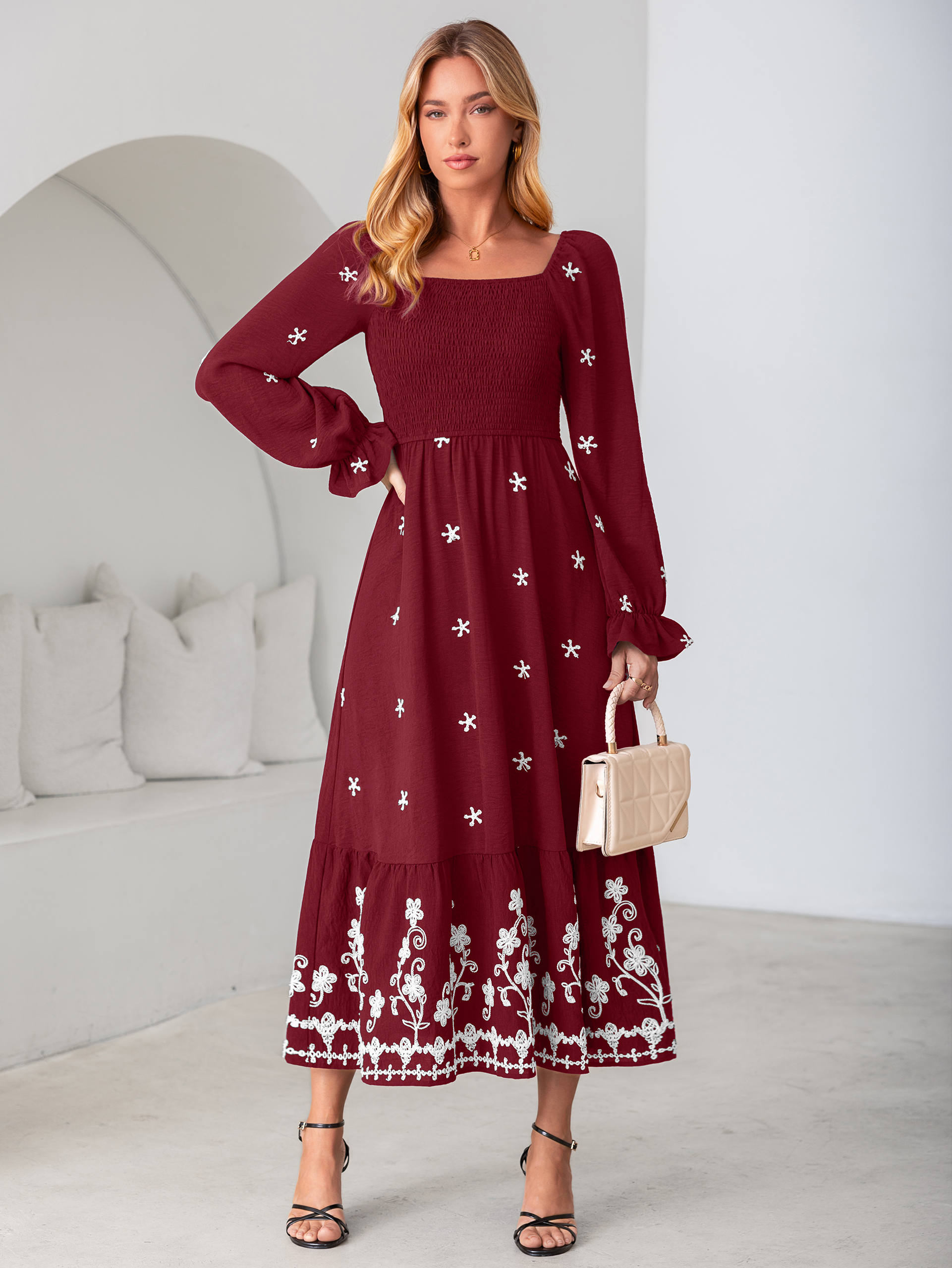 Boho Square Neck Floral Embroidered Maxi Dress