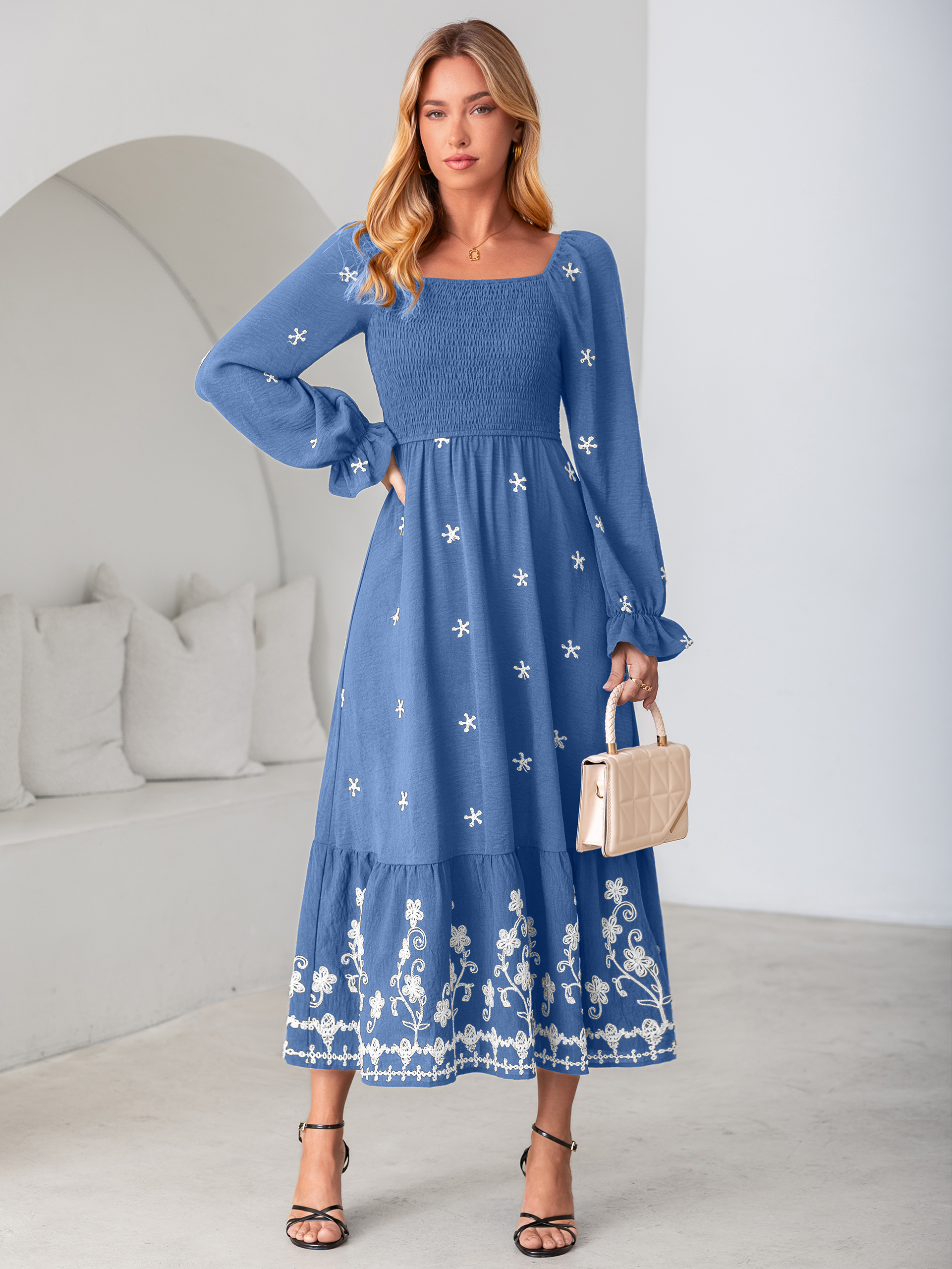 Boho Square Neck Floral Embroidered Maxi Dress