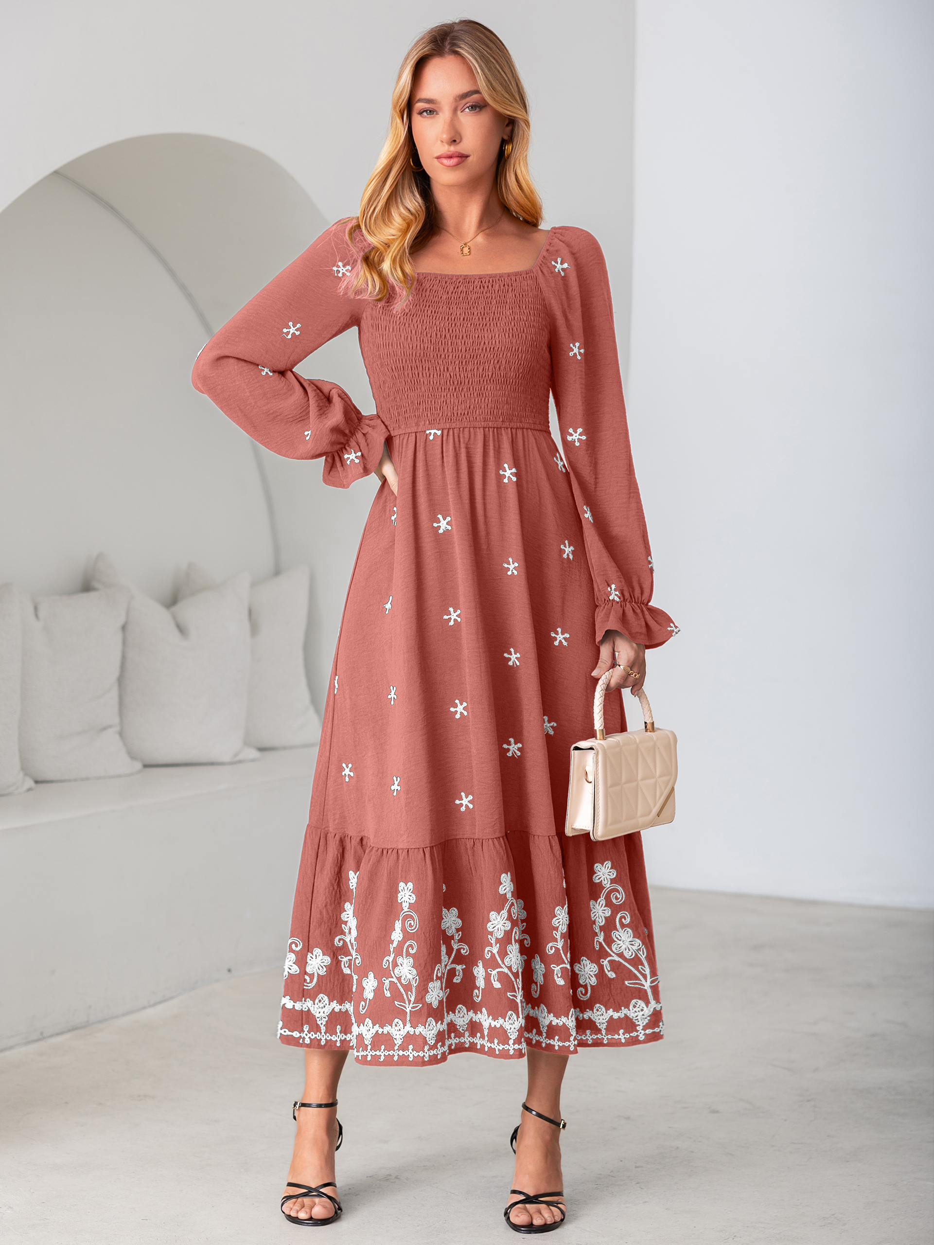 Boho Square Neck Floral Embroidered Maxi Dress