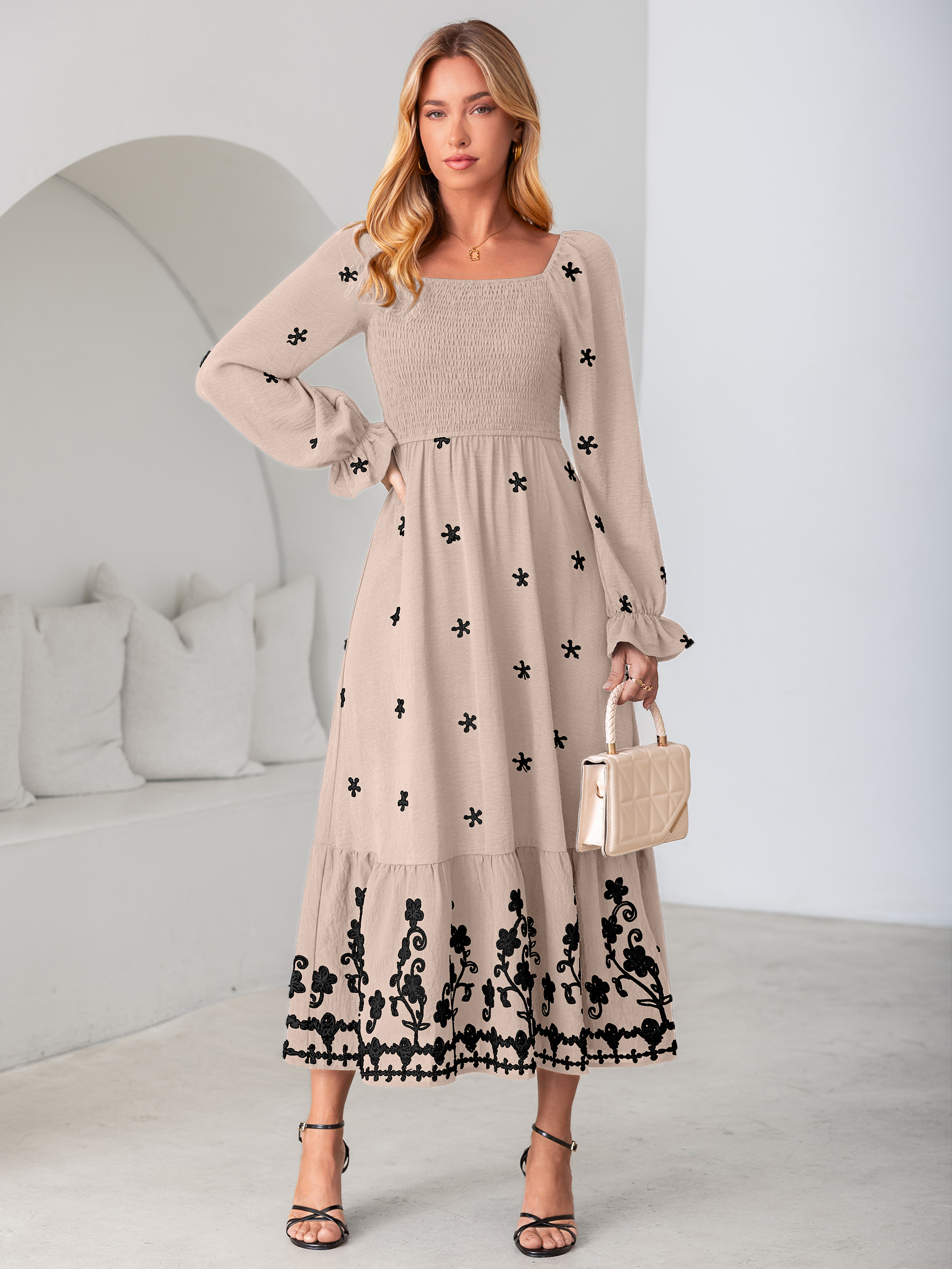 Boho Square Neck Floral Embroidered Maxi Dress