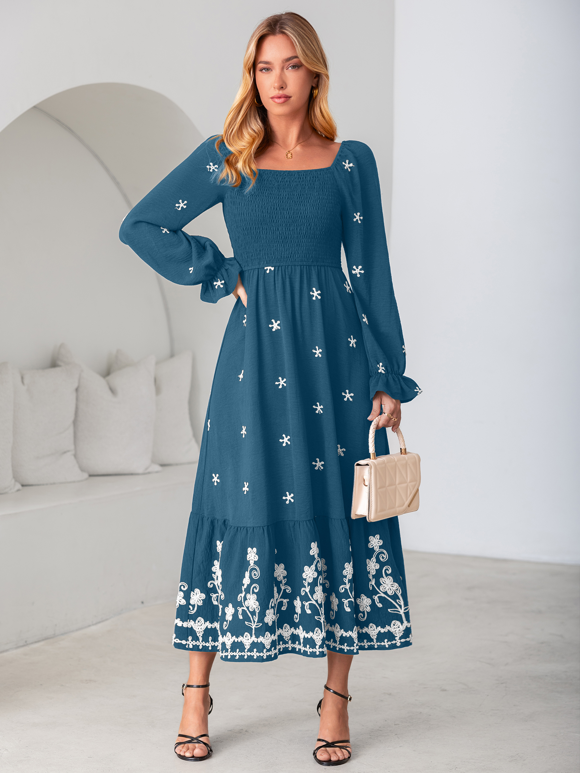 Boho Square Neck Floral Embroidered Maxi Dress