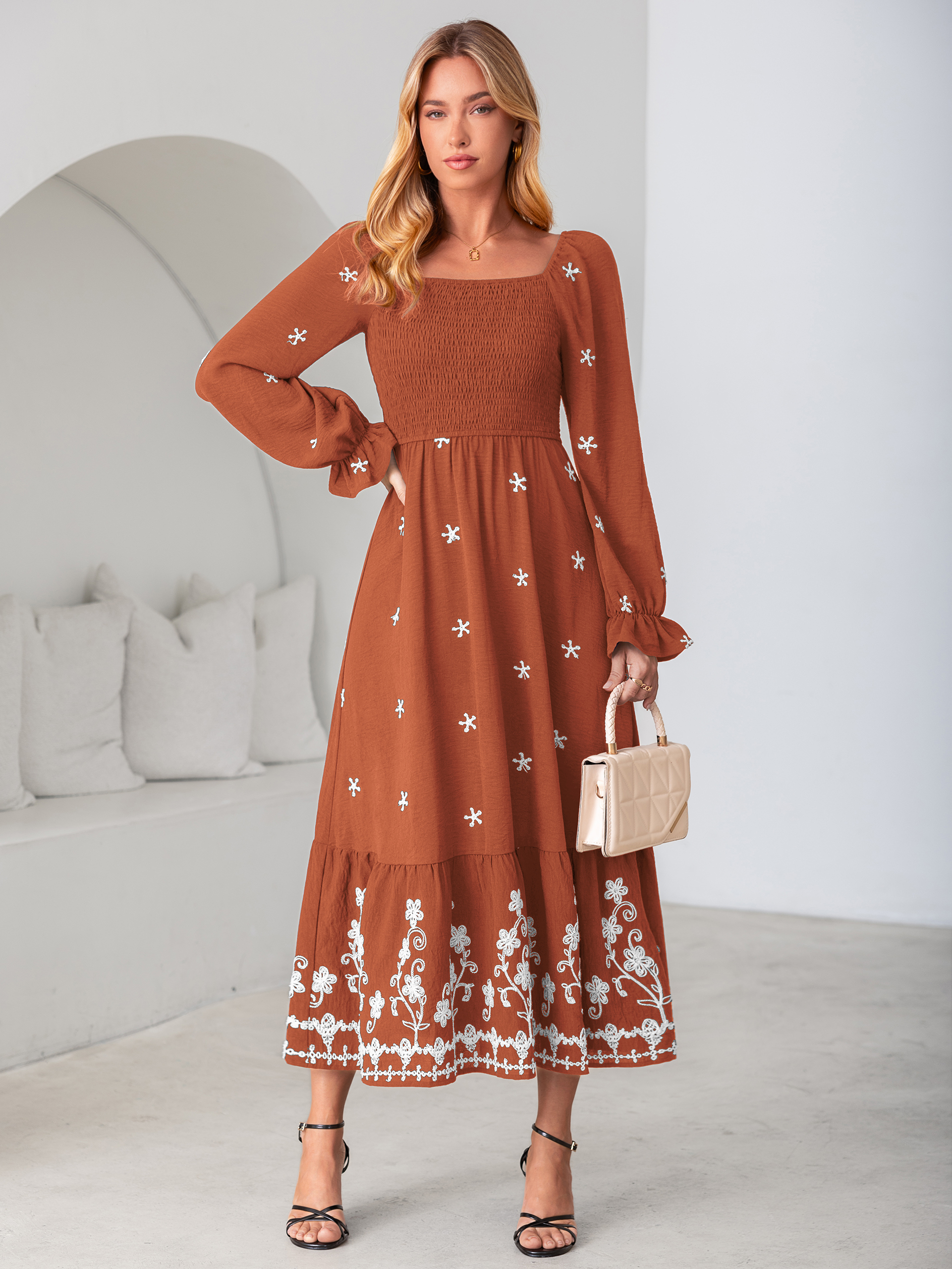 Boho Square Neck Floral Embroidered Maxi Dress