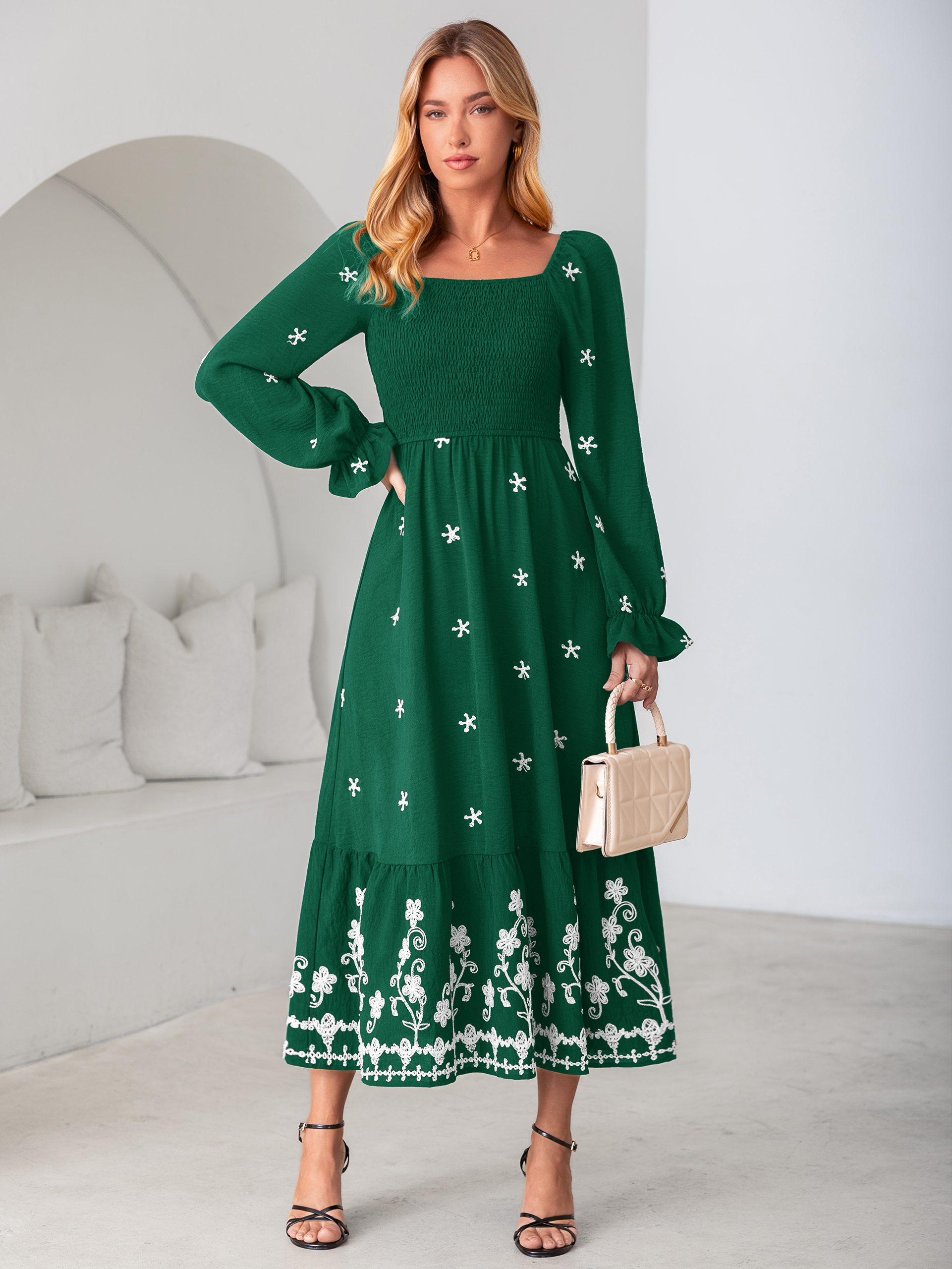 Boho Square Neck Floral Embroidered Maxi Dress