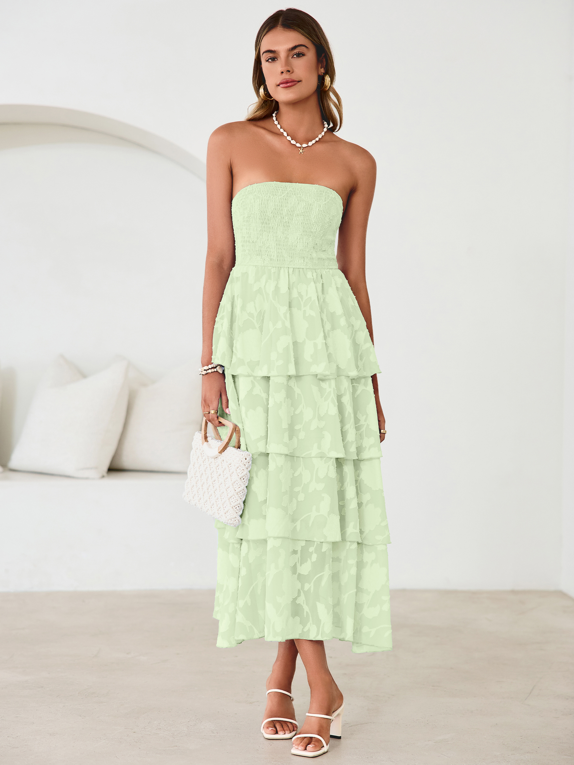 Floral Strapless Smocked Tiered Maxi Dress - Sage Green