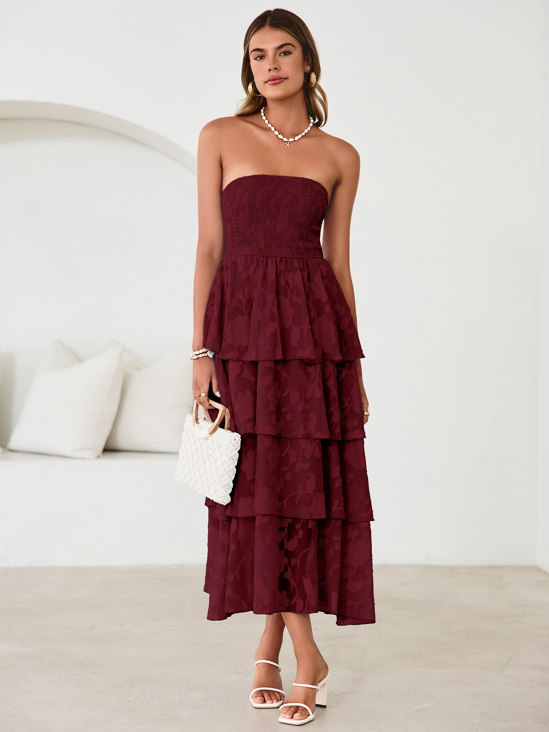 Floral Strapless Smocked Tiered Maxi Dress - Wine Red