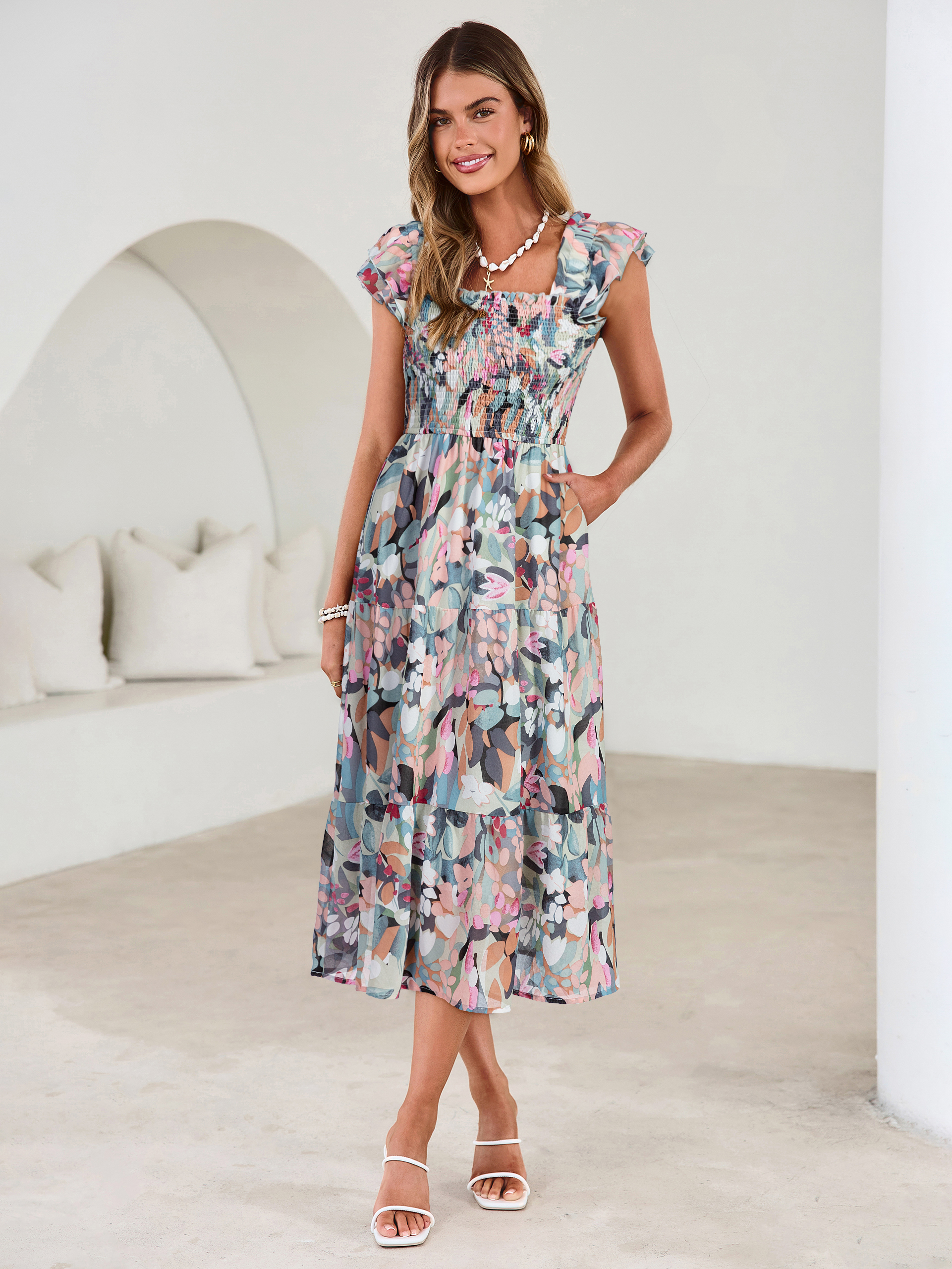 Floral Print Smocked Tiered Maxi Dress