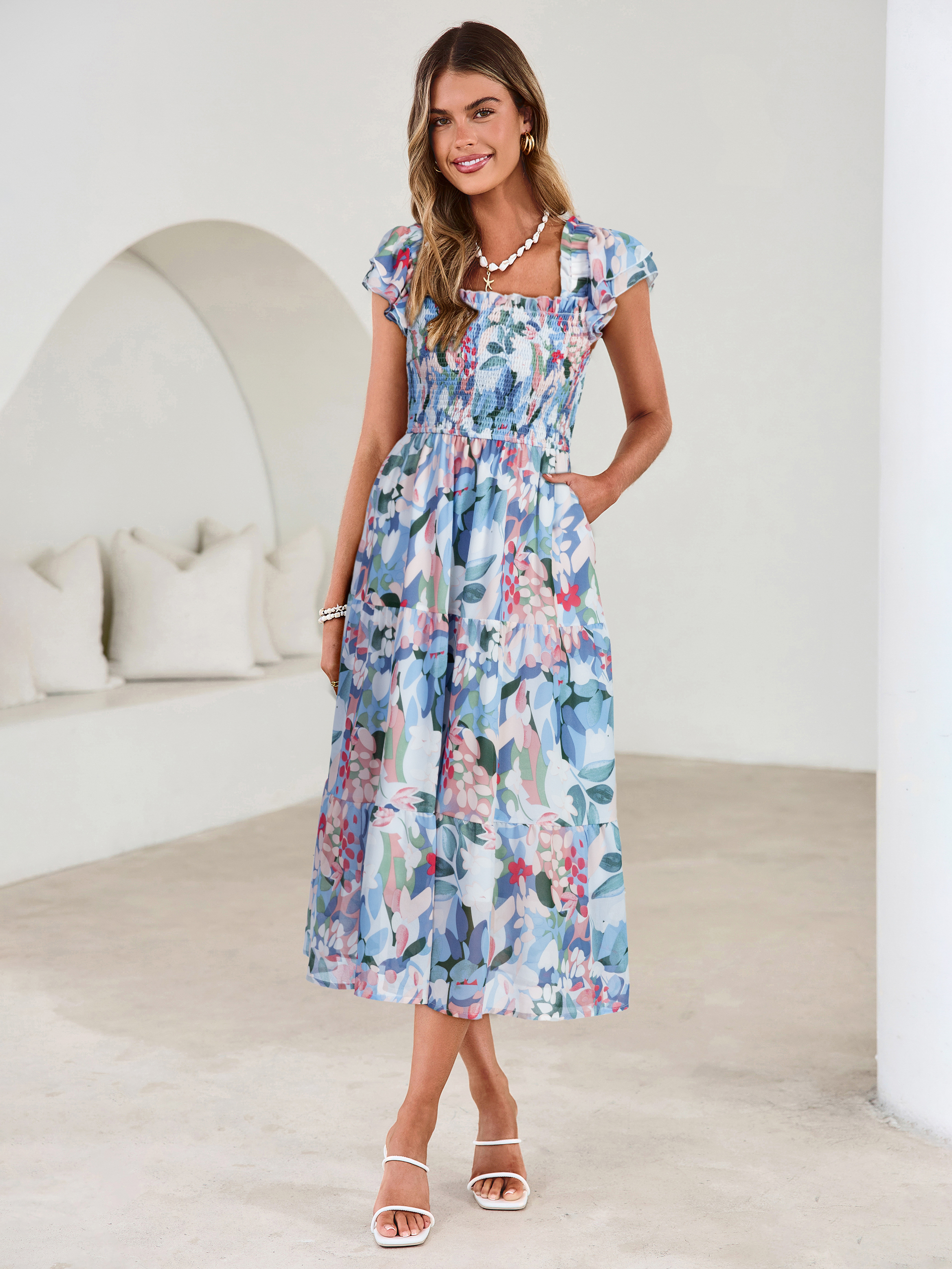 Floral Print Smocked Tiered Maxi Dress