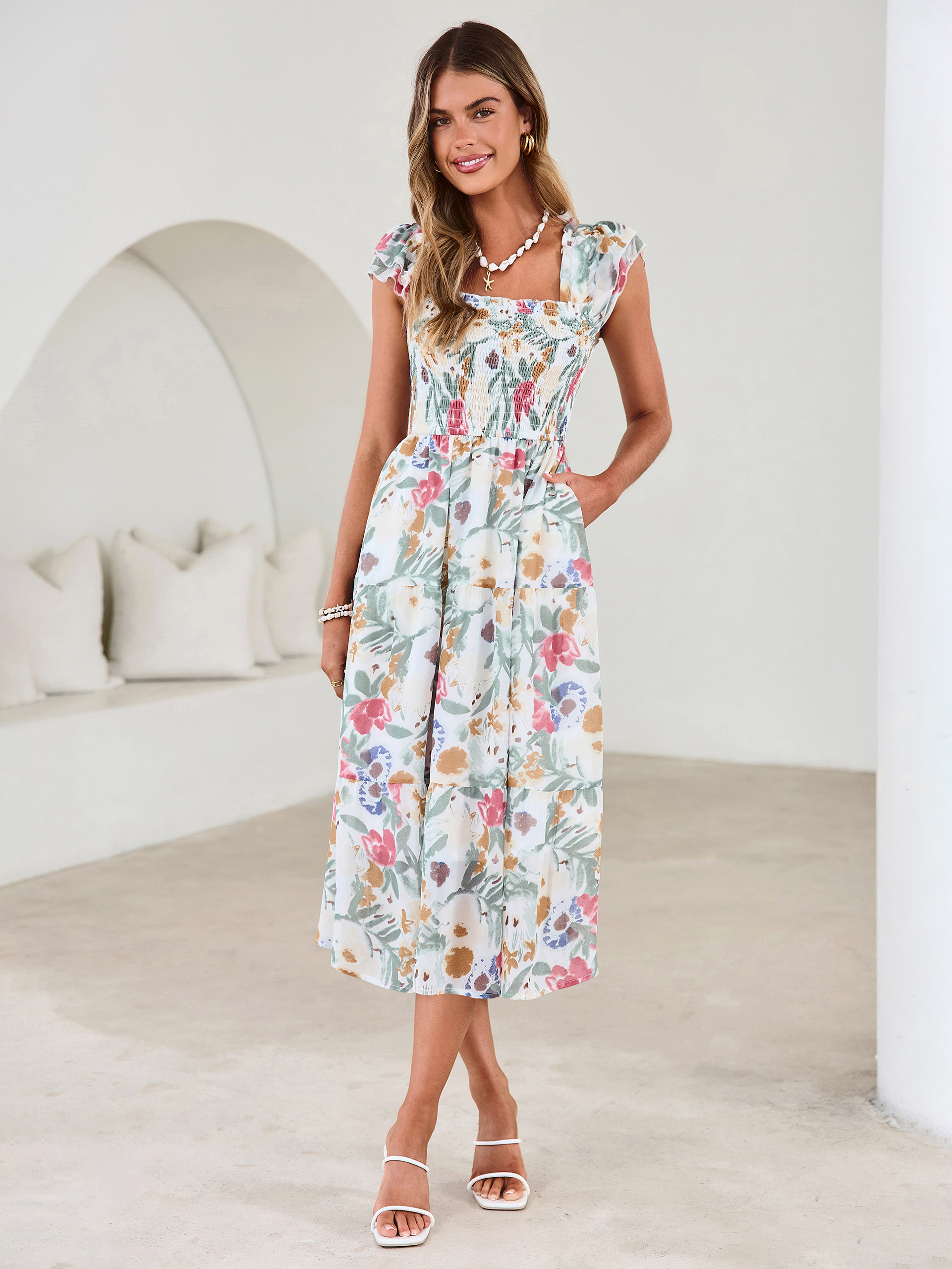 Floral Print Smocked Tiered Maxi Dress