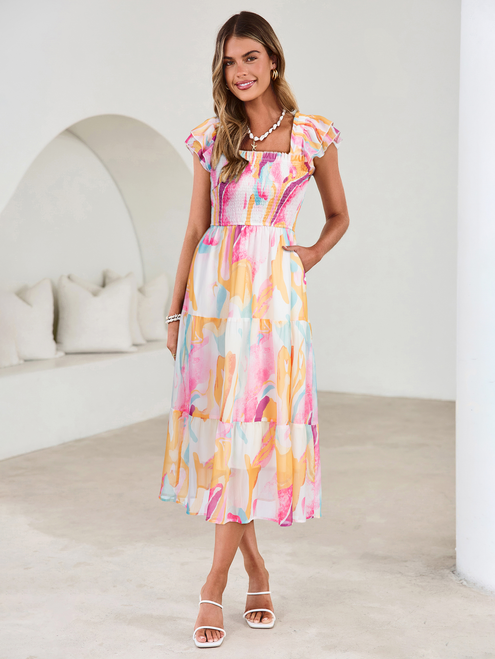 Floral Print Smocked Tiered Maxi Dress