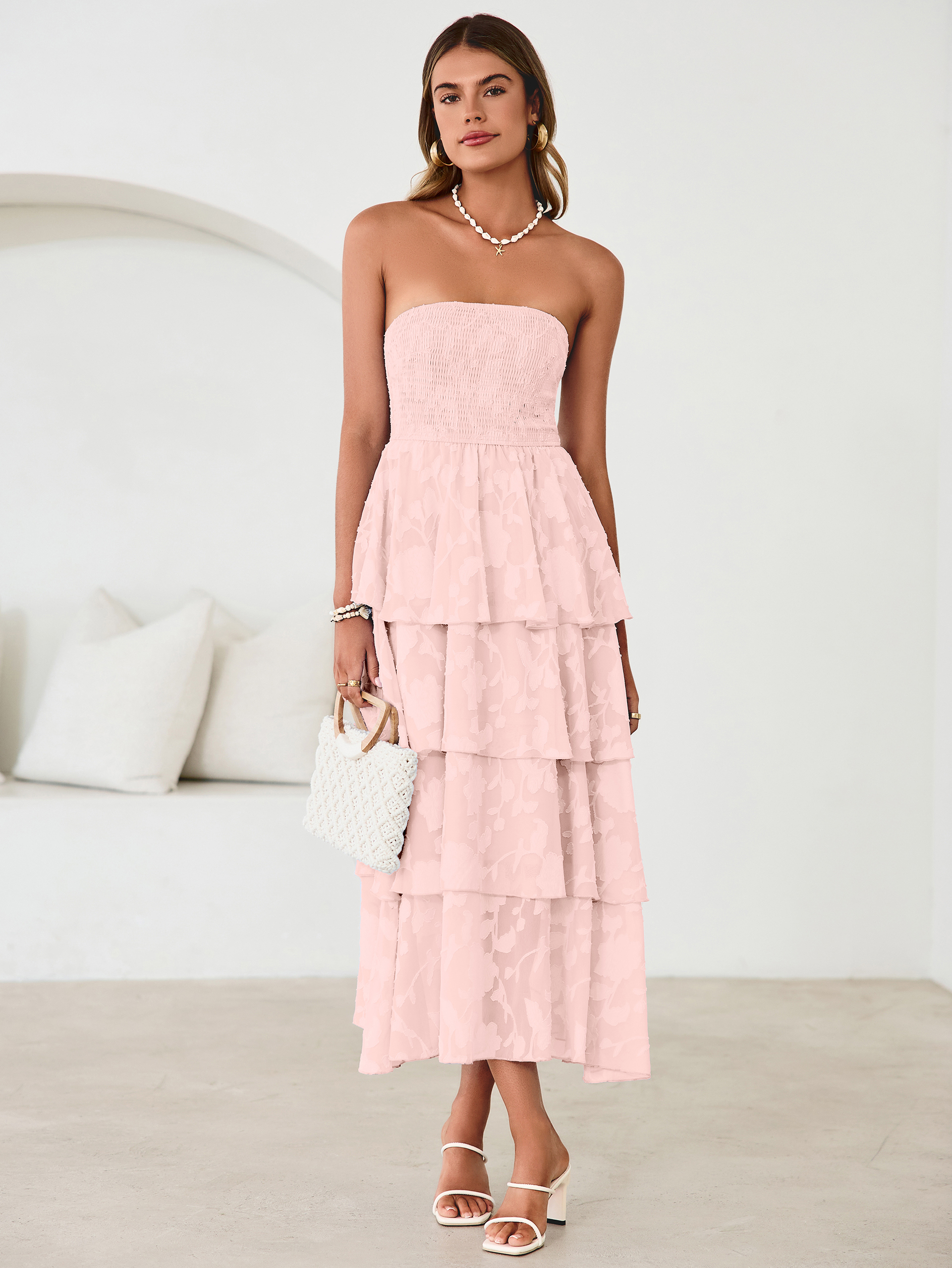 Floral Strapless Smocked Tiered Maxi Dress - Pink