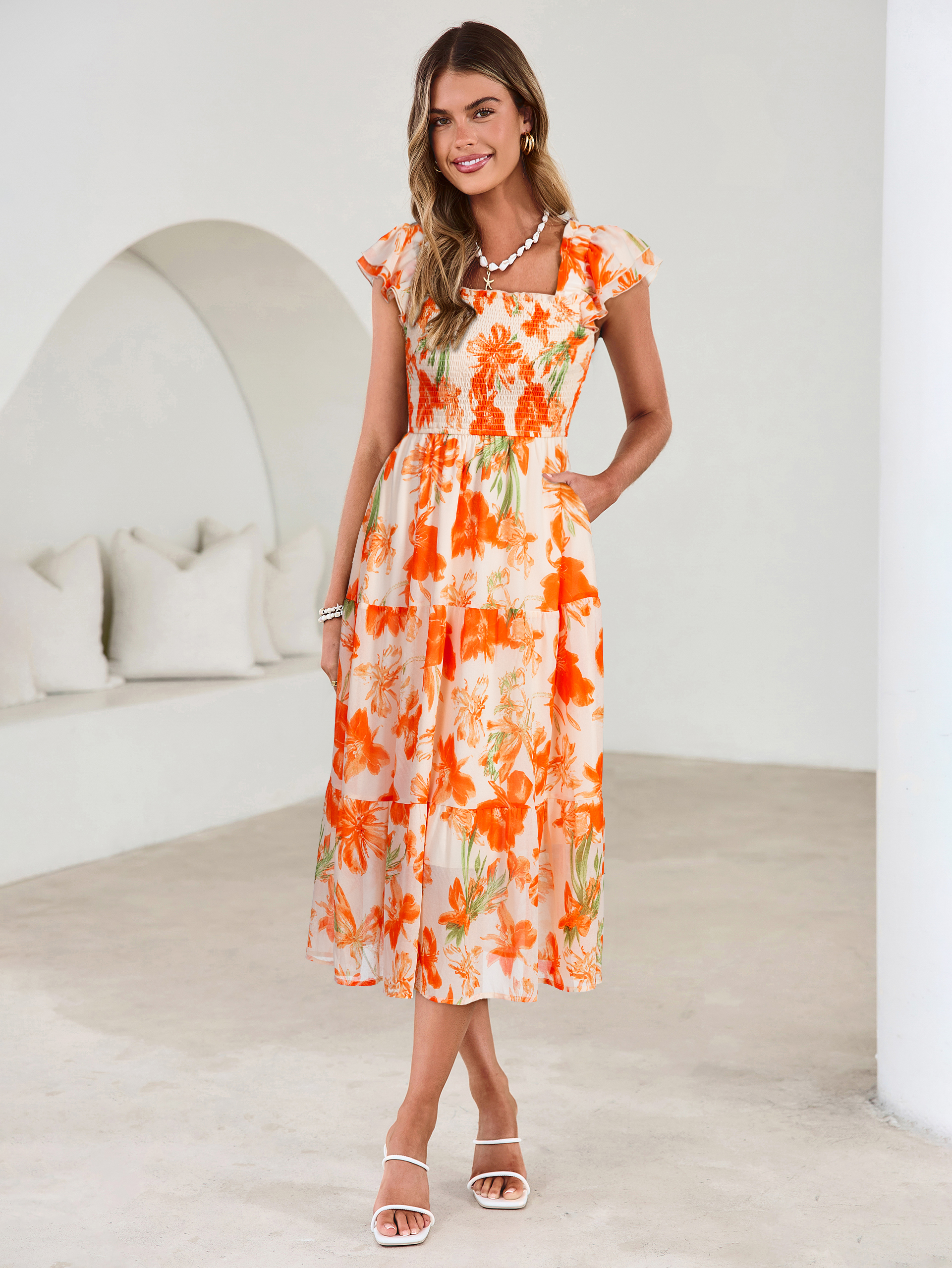 Floral Print Smocked Tiered Maxi Dress