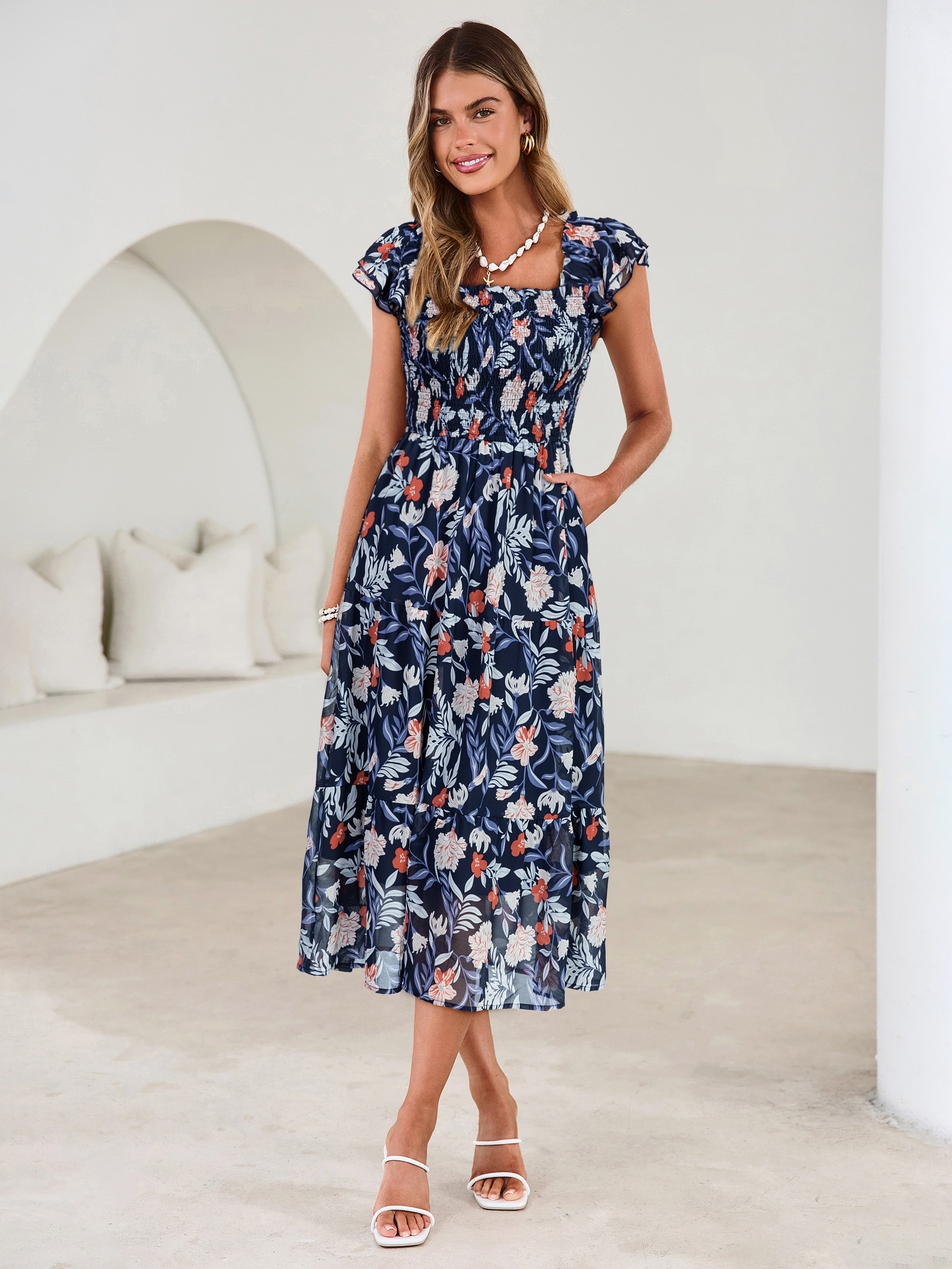 Floral Print Smocked Tiered Maxi Dress