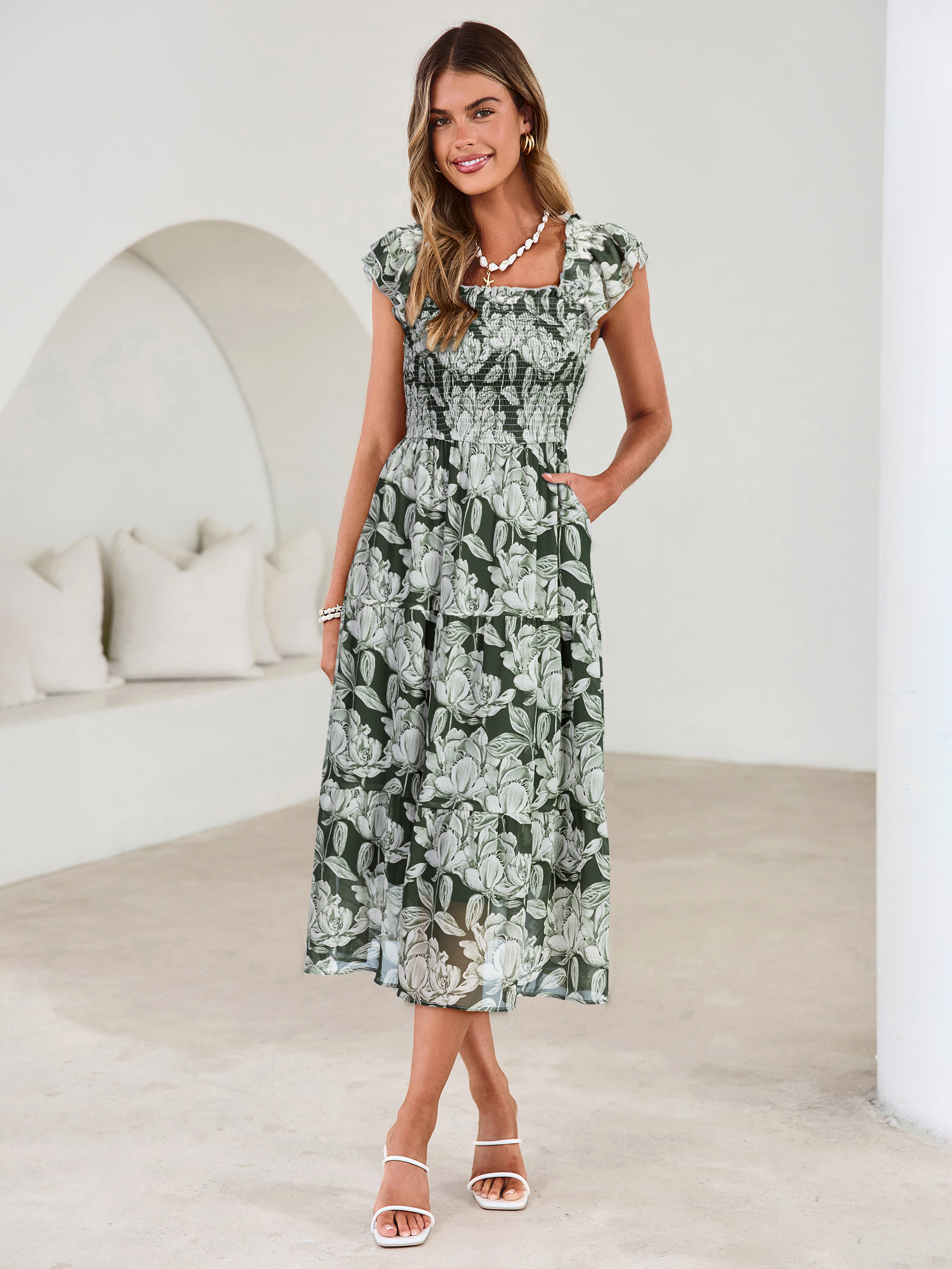 Floral Print Smocked Tiered Maxi Dress