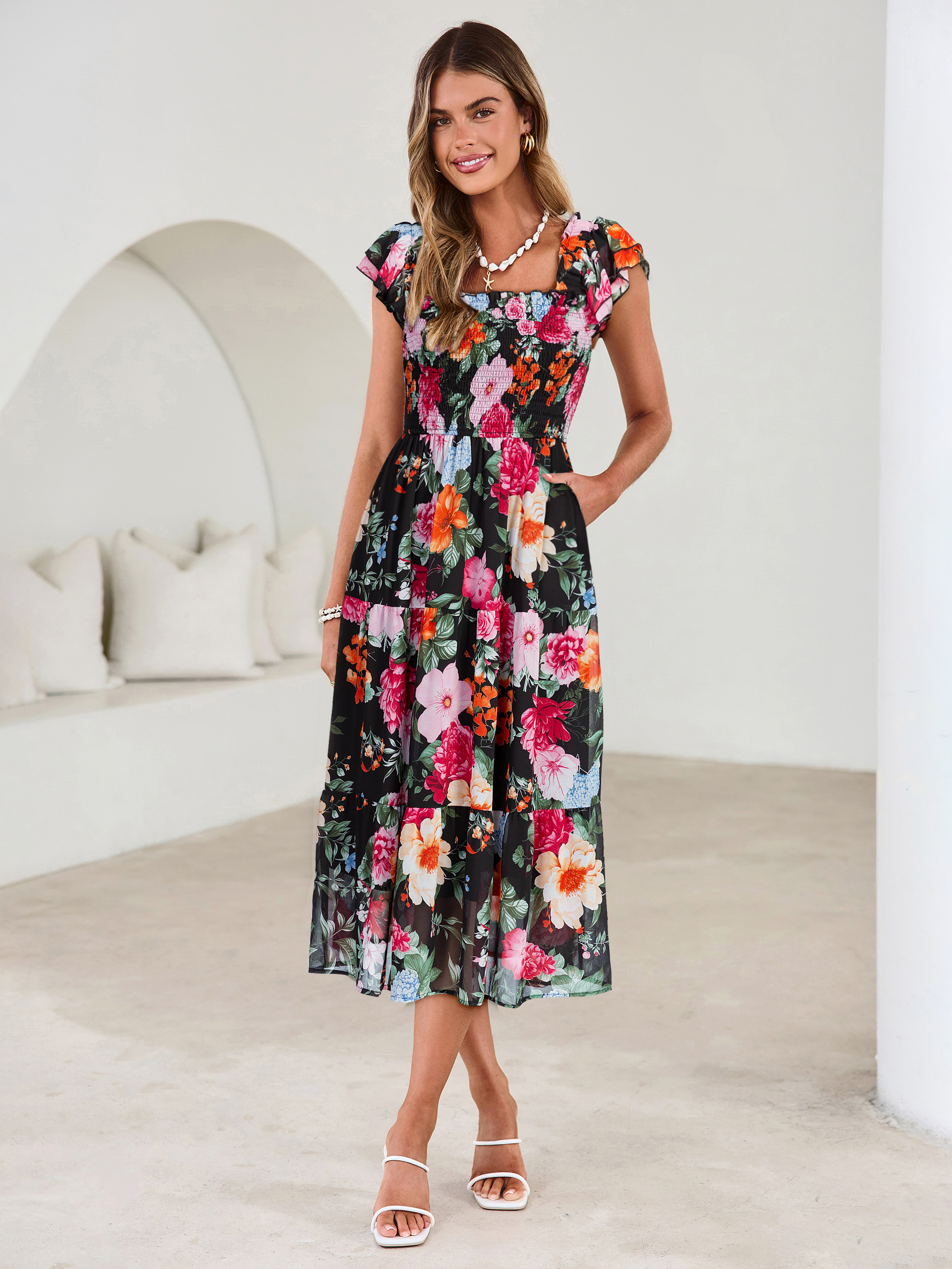 Floral Print Smocked Tiered Maxi Dress