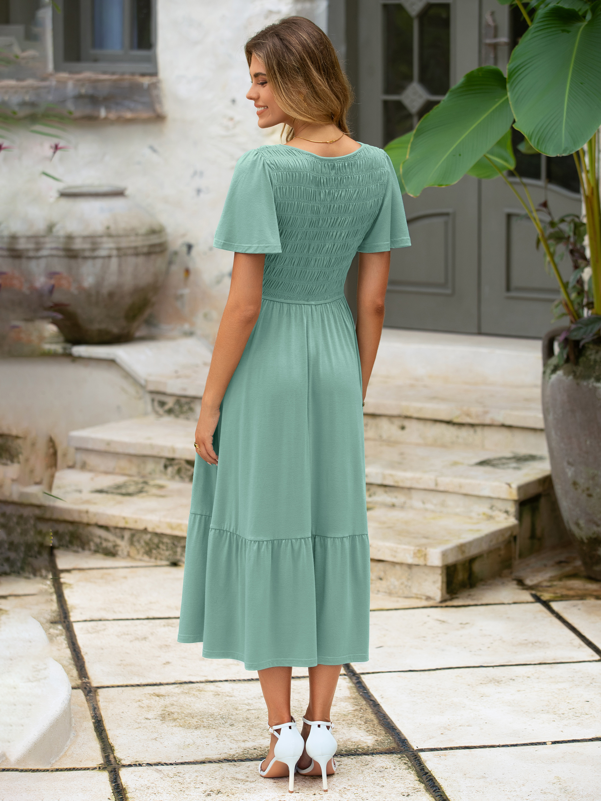 Smocked Waist Flutter Sleeve Boho Maxi Dress