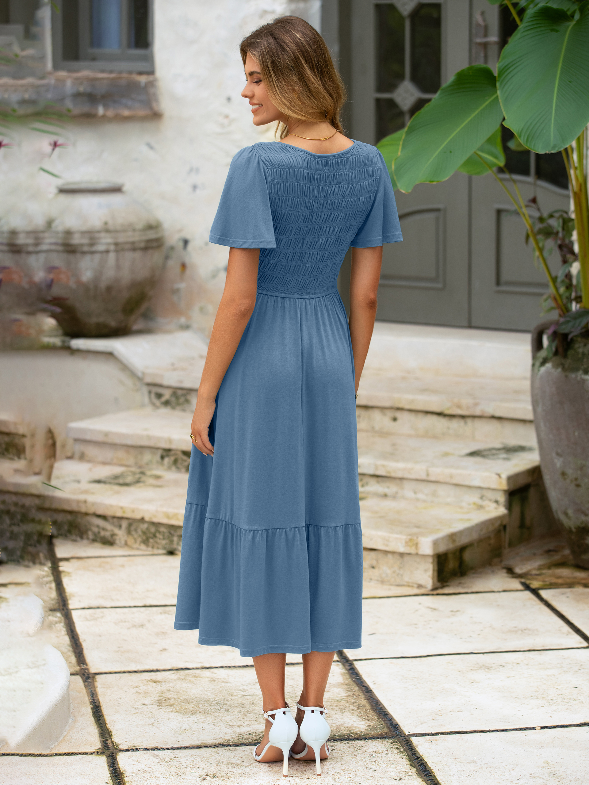 Smocked Waist Flutter Sleeve Boho Maxi Dress