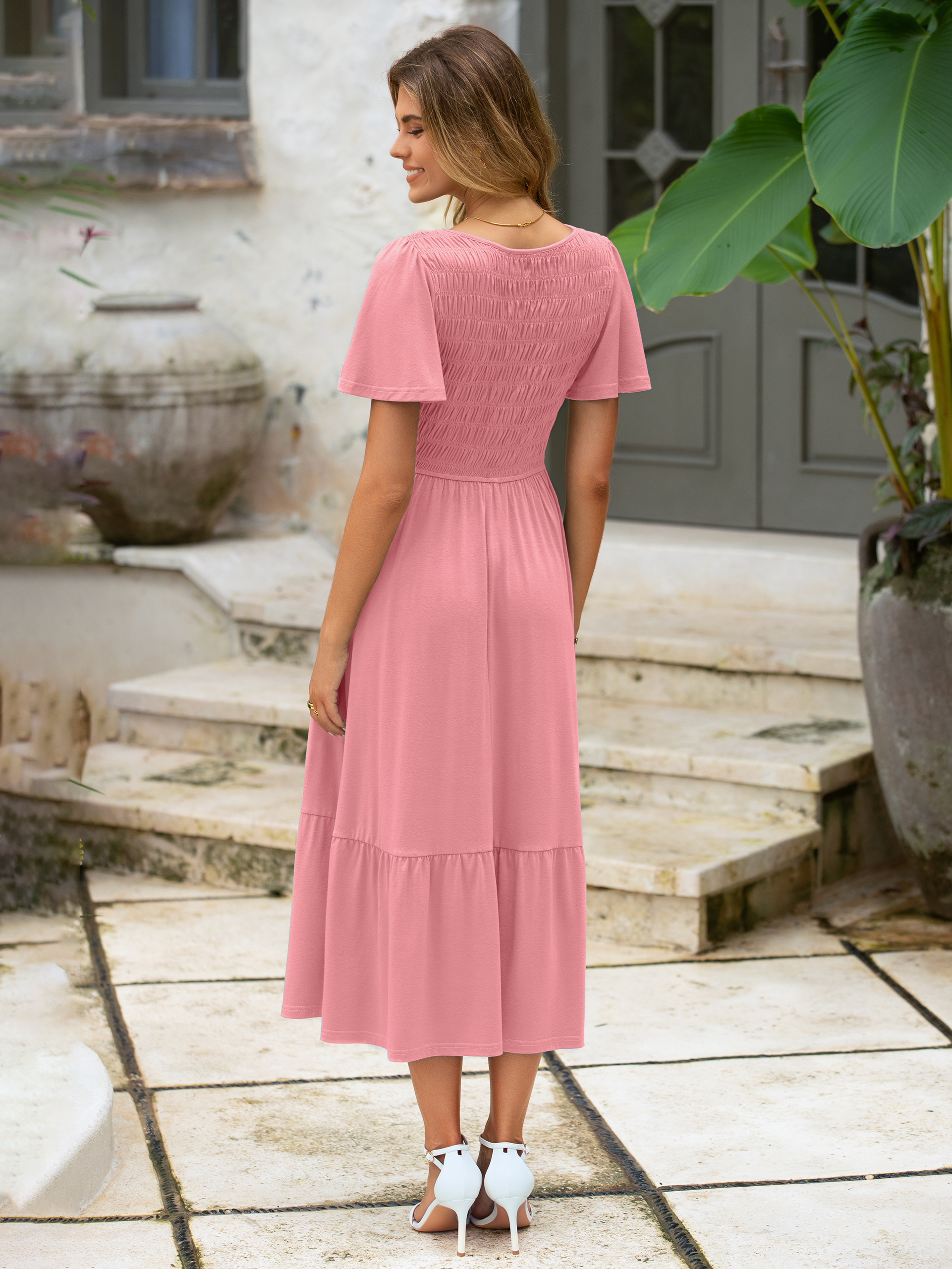 Smocked Waist Flutter Sleeve Boho Maxi Dress