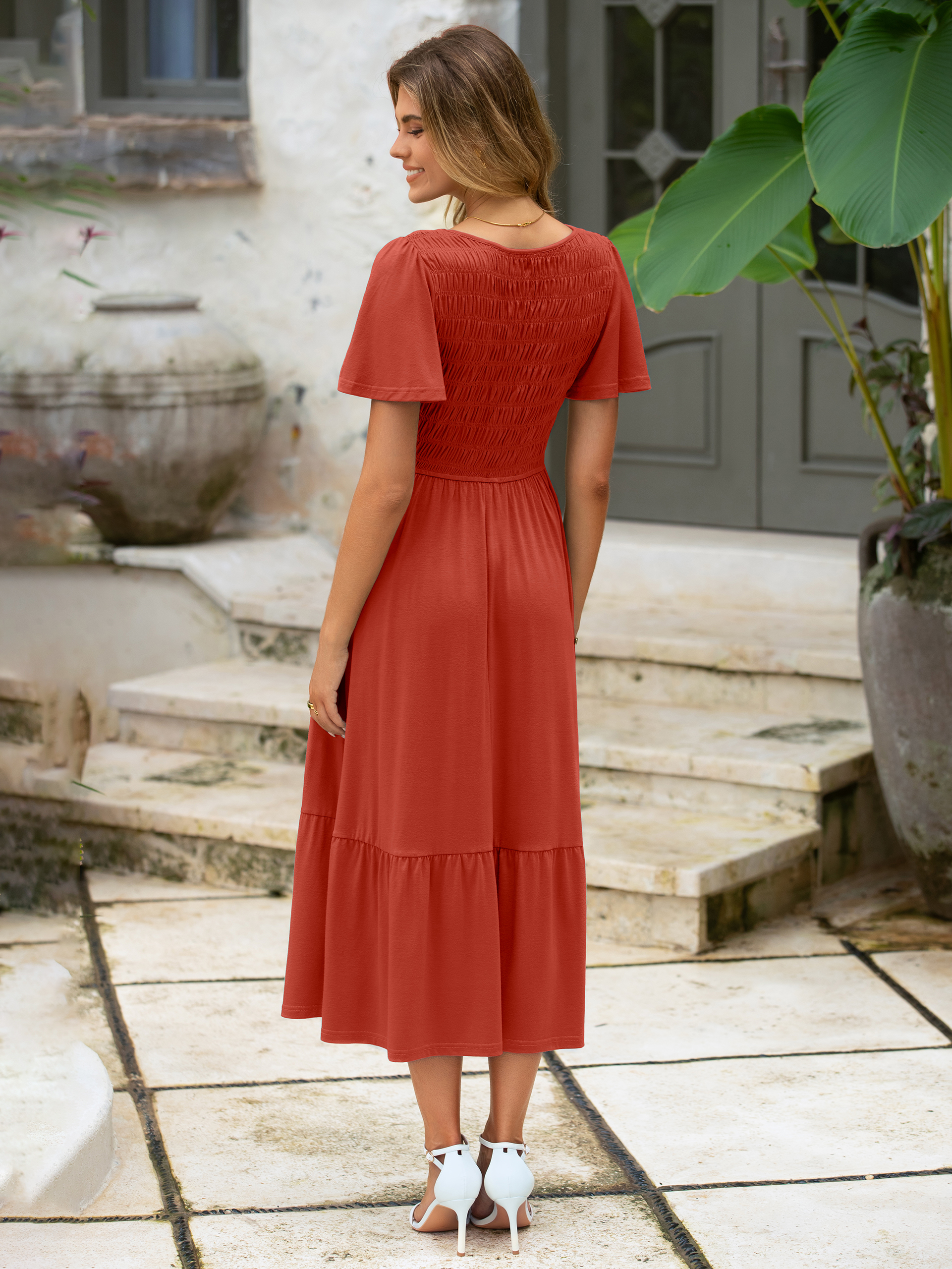 Smocked Waist Flutter Sleeve Boho Maxi Dress