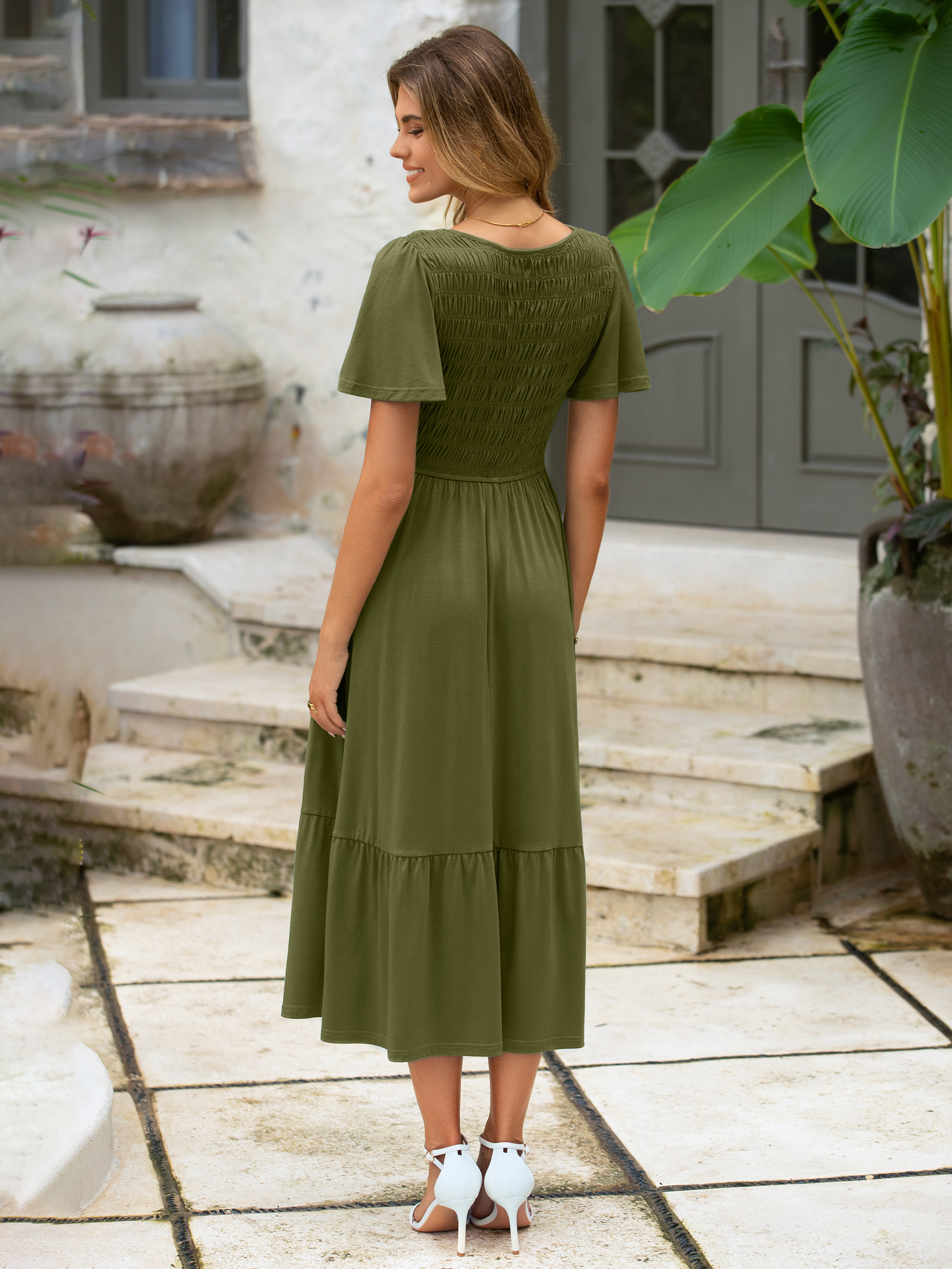 Smocked Waist Flutter Sleeve Boho Maxi Dress