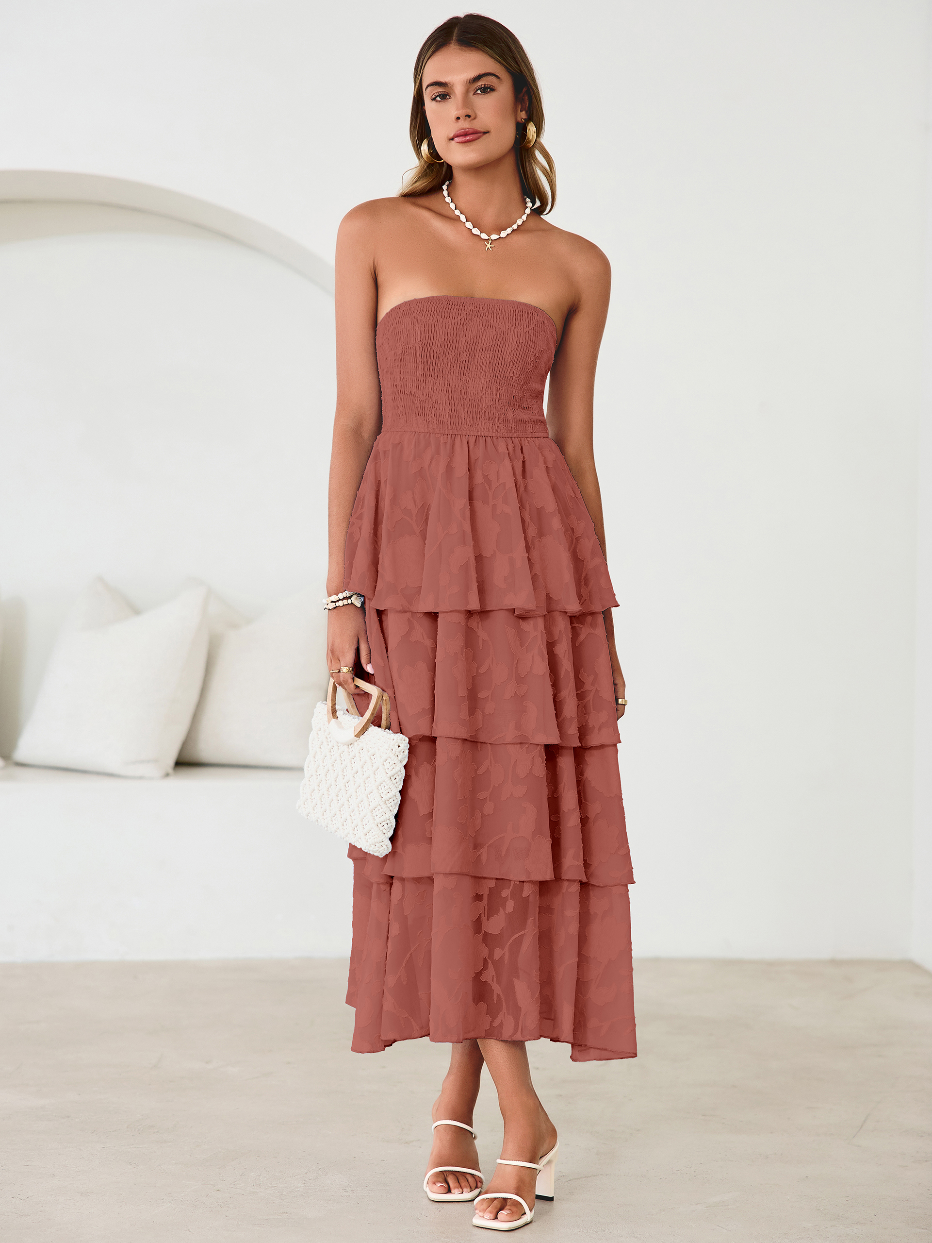 Floral Strapless Smocked Tiered Maxi Dress - Roseous