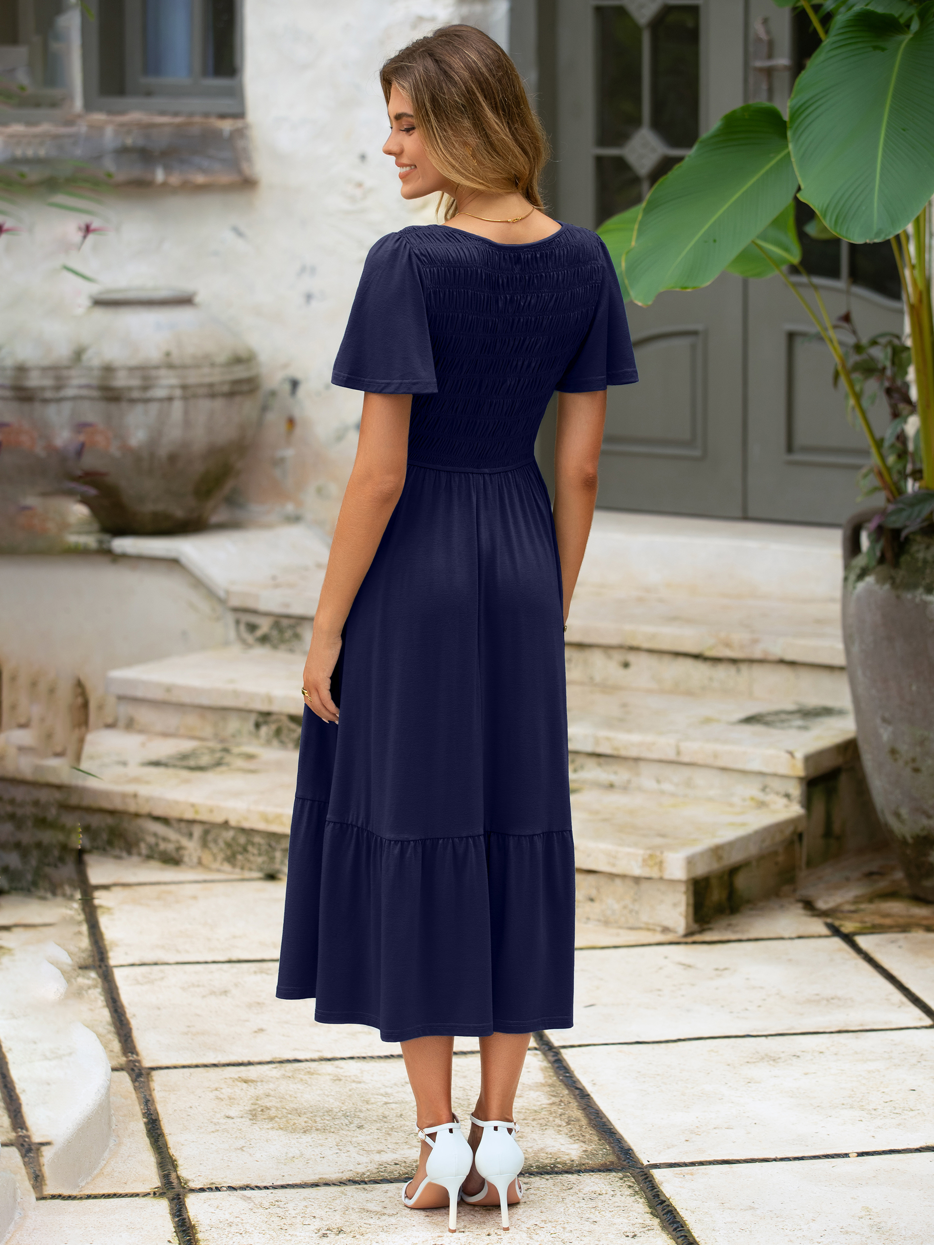 Smocked Waist Flutter Sleeve Boho Maxi Dress