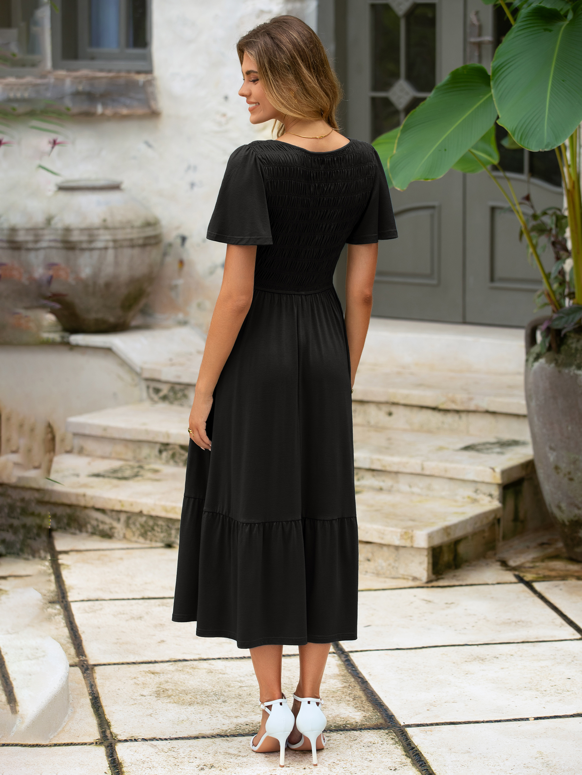 Smocked Waist Flutter Sleeve Boho Maxi Dress
