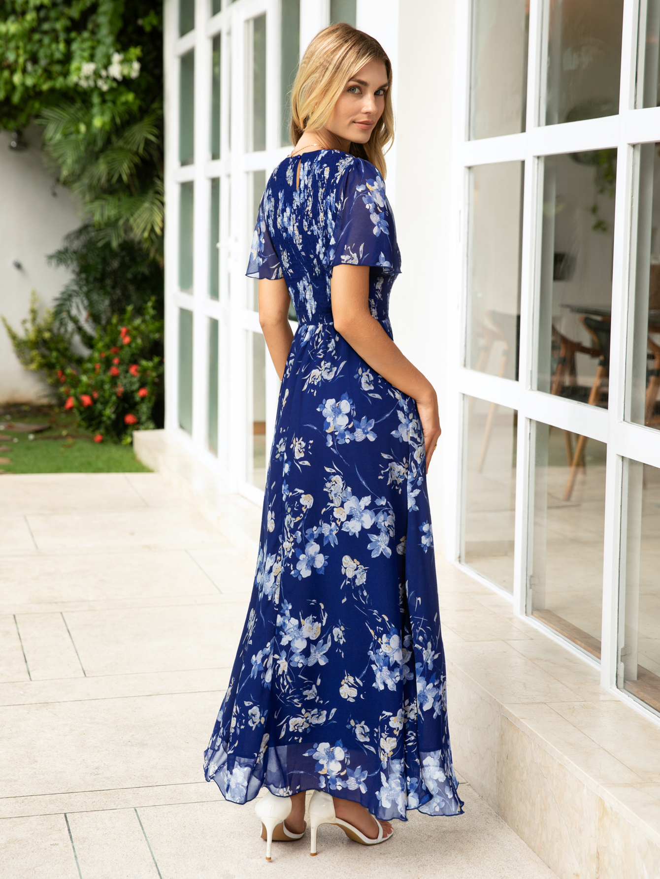 Chiffon Flutter Sleeve Smocked Floral Maxi Dress