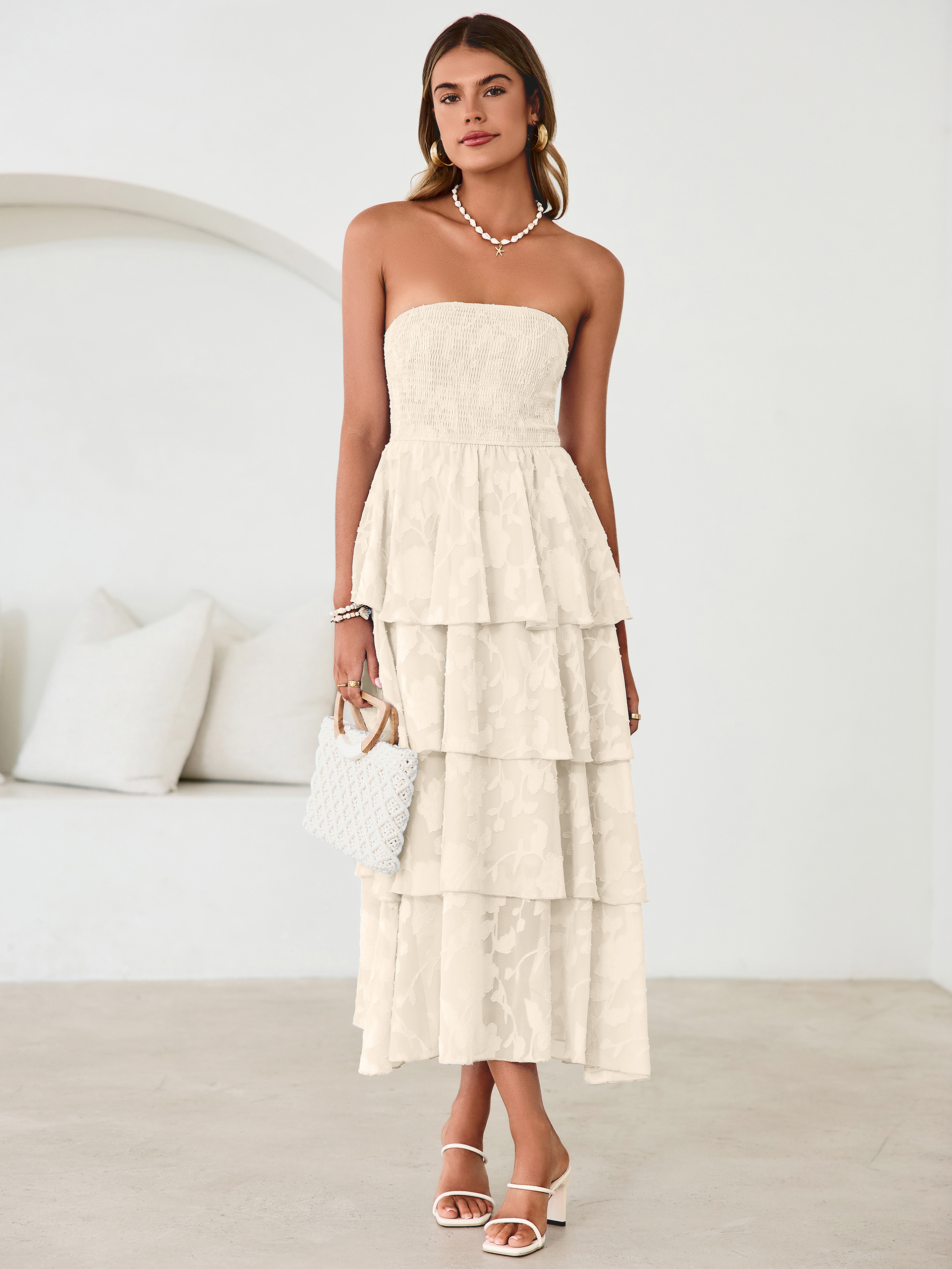 Floral Strapless Smocked Tiered Maxi Dress - Beige