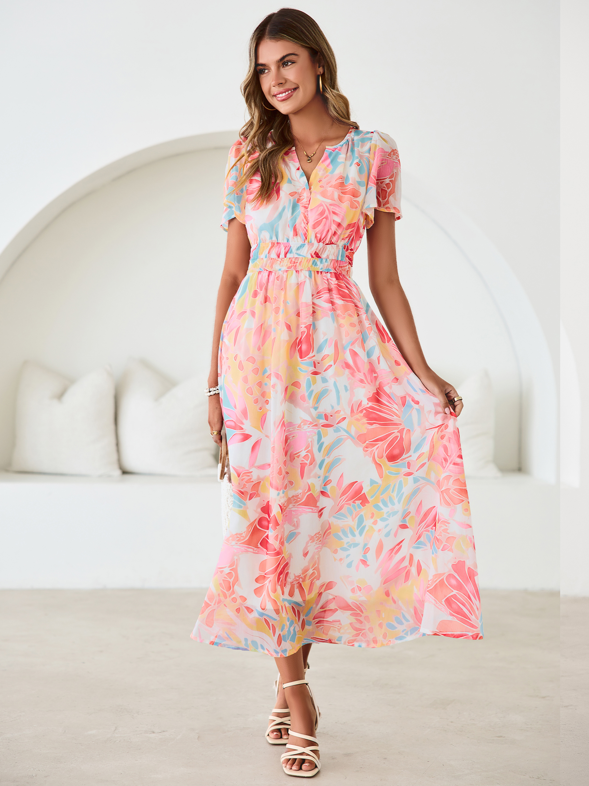 Floral V-Neck Smocked Waist Maxi Dress