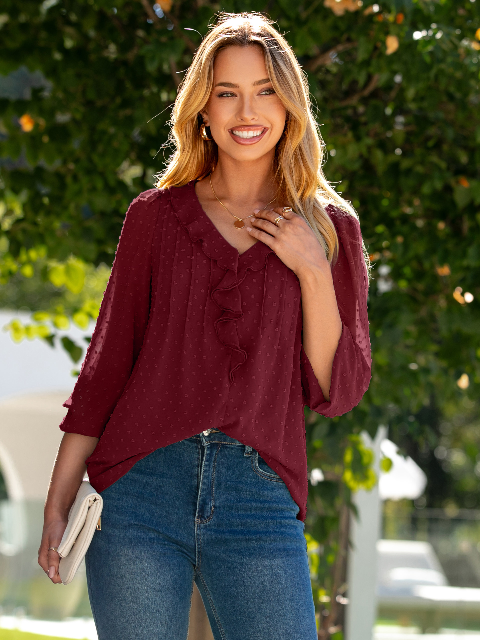 Chiffon V Neck Ruffle Long Sleeve Blouse