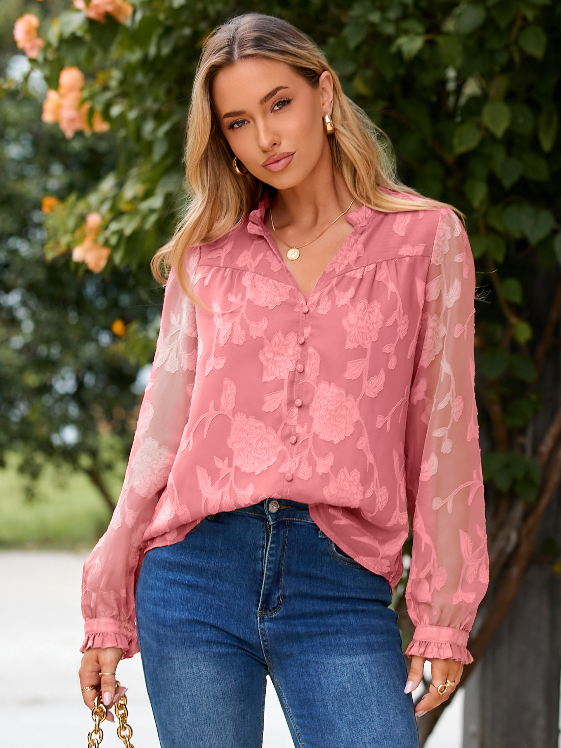 Chiffon Burnout V Neck Long Sleeve Blouse