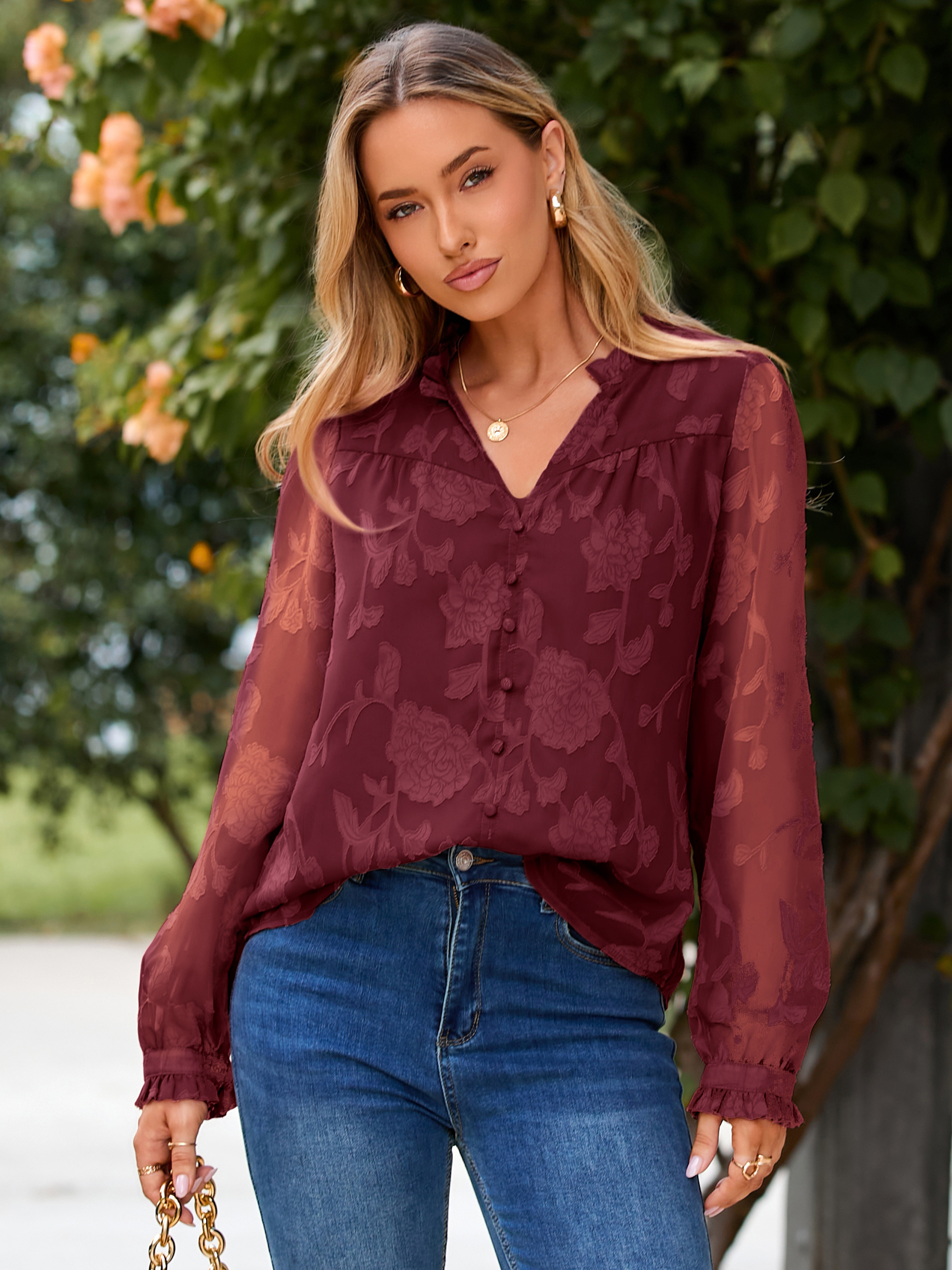 Chiffon Burnout V Neck Long Sleeve Blouse