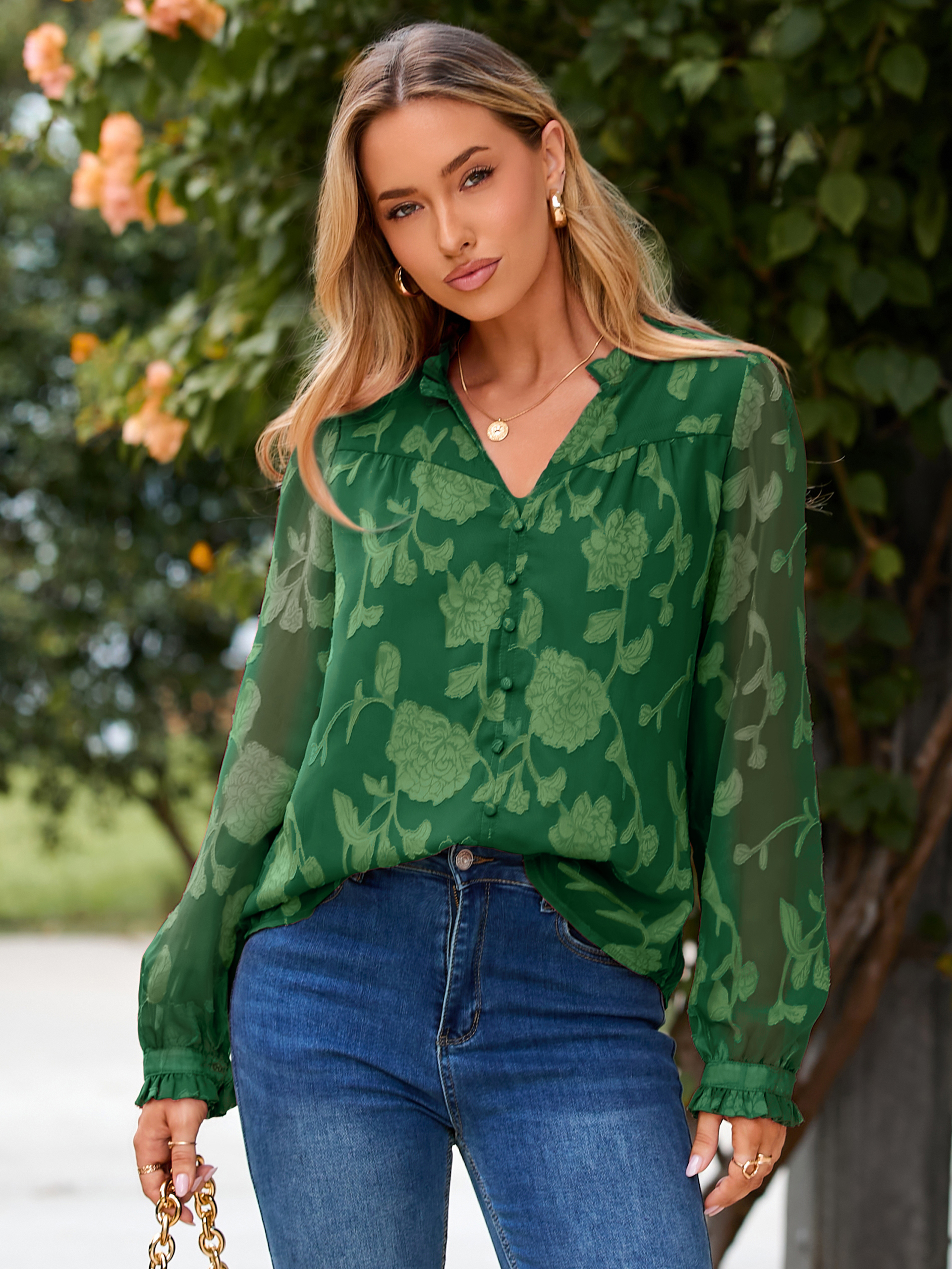 Chiffon Burnout V Neck Long Sleeve Blouse