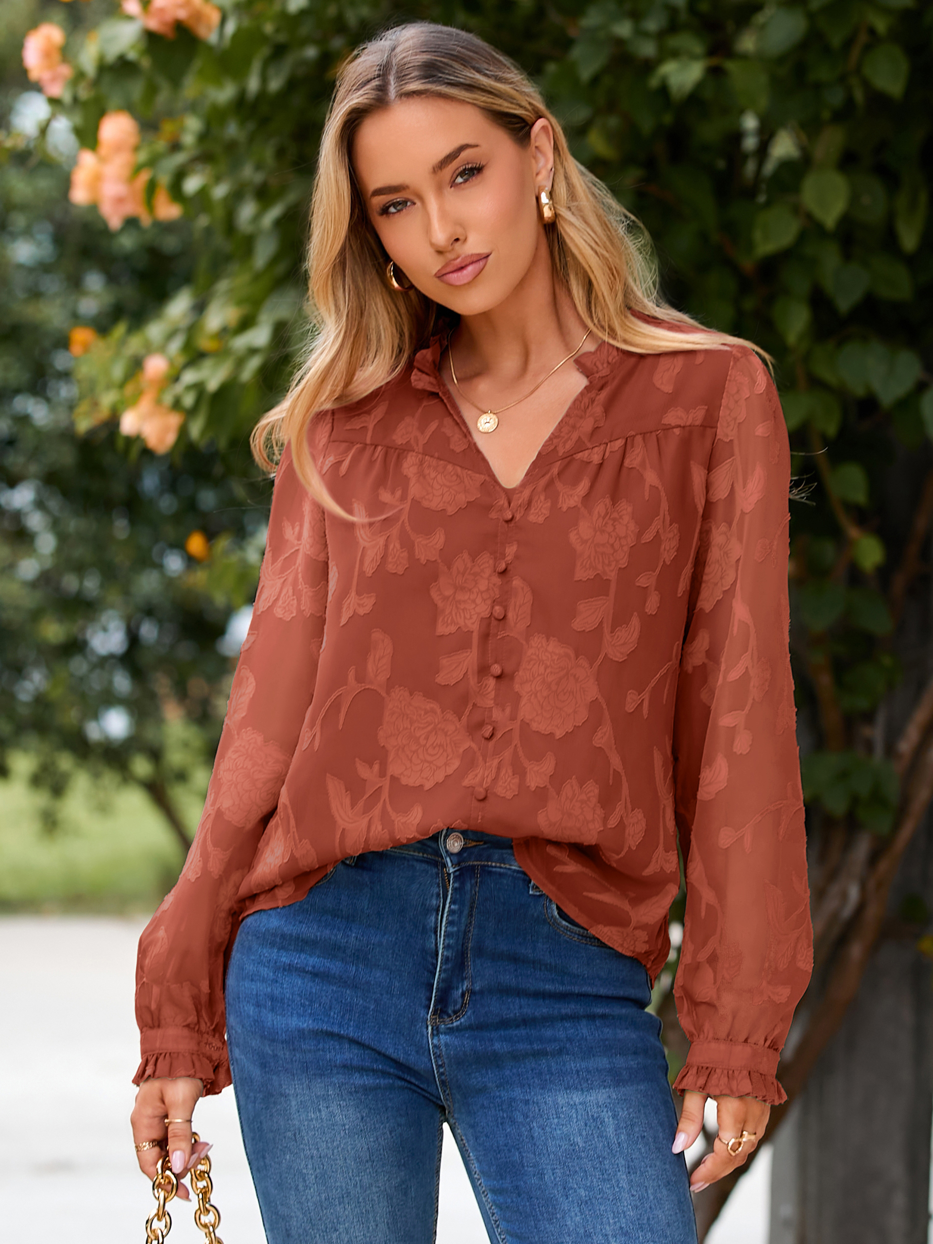 Chiffon Burnout V Neck Long Sleeve Blouse