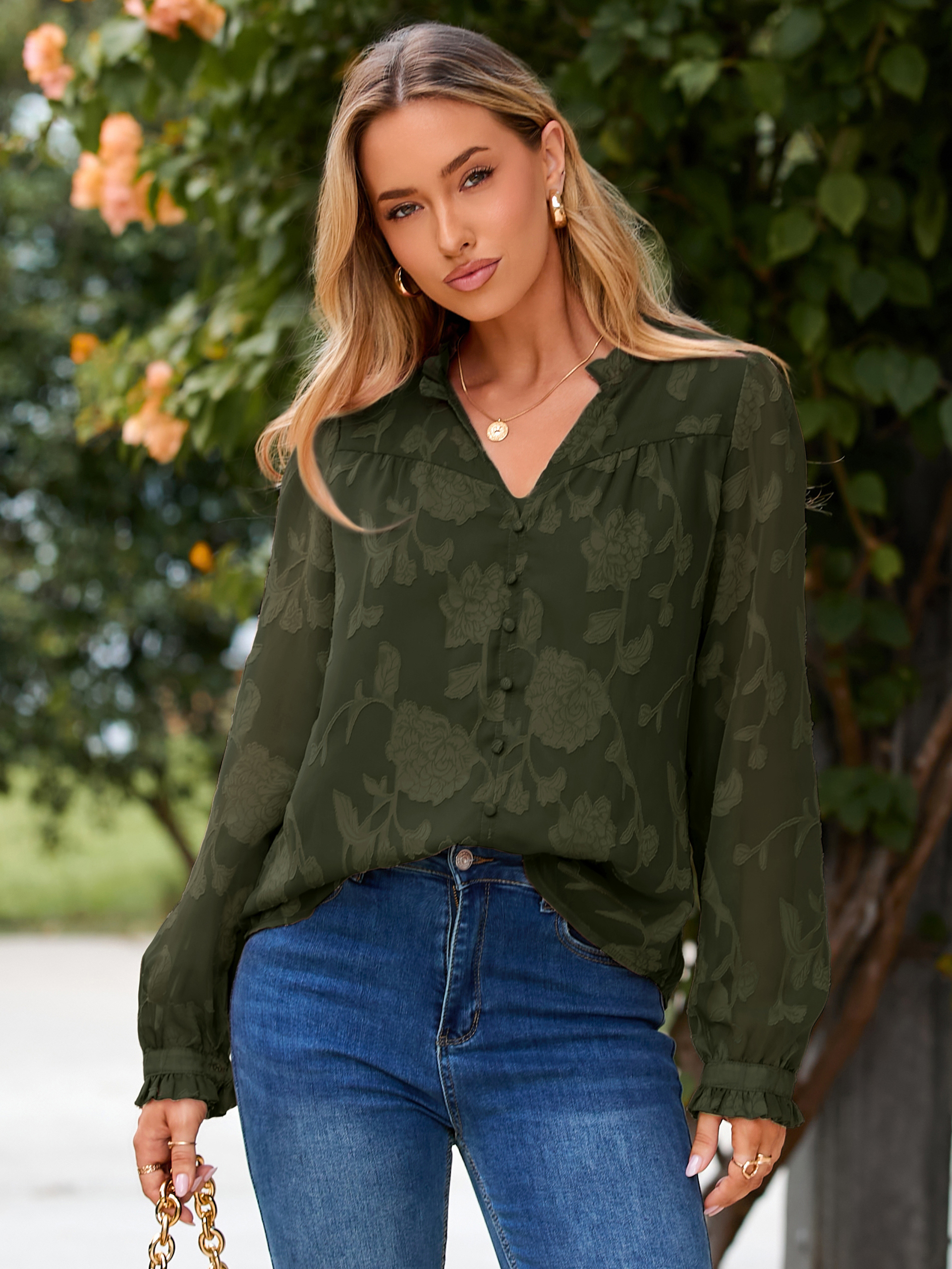 Chiffon Burnout V Neck Long Sleeve Blouse