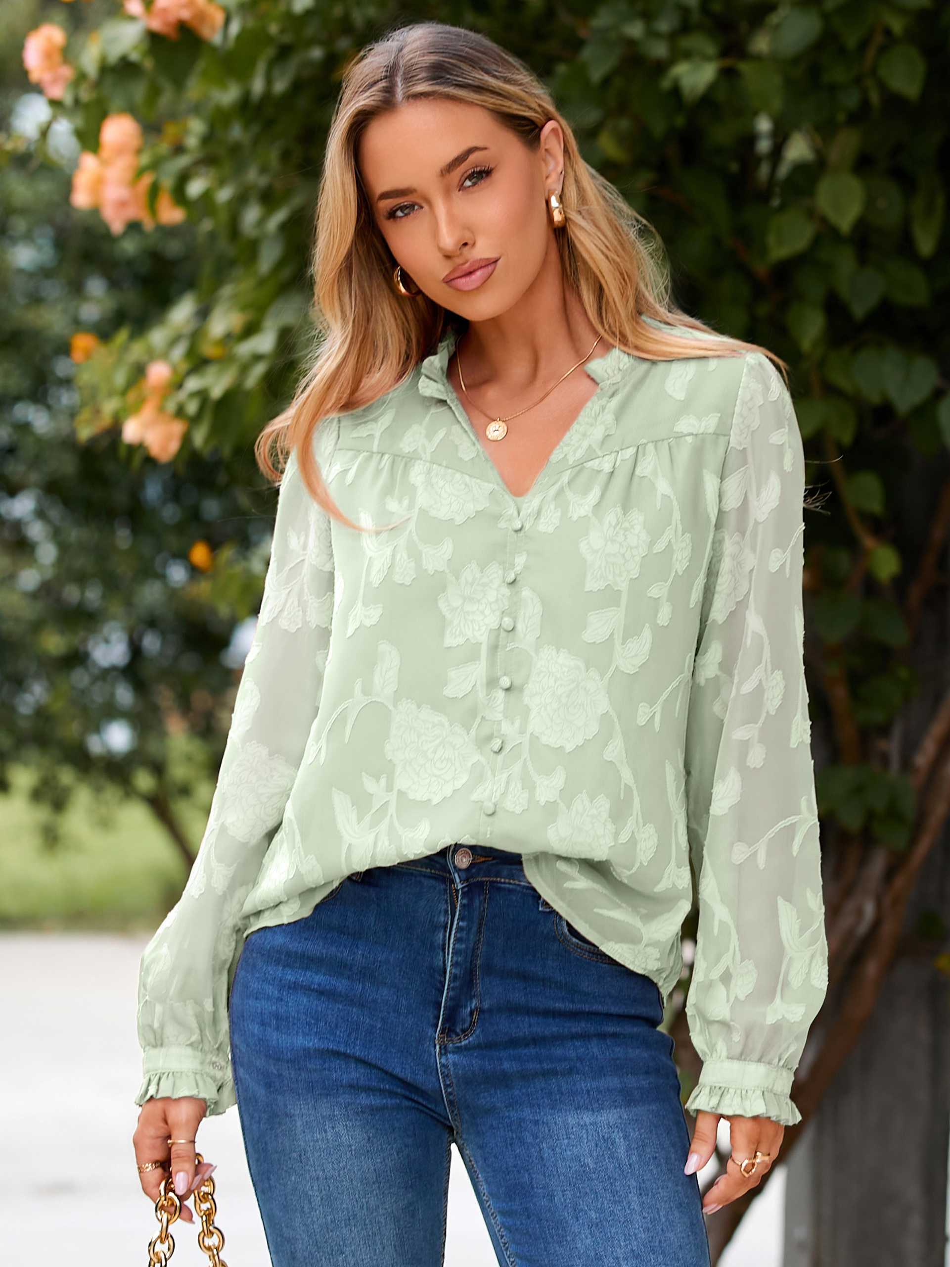 Chiffon Burnout V Neck Long Sleeve Blouse