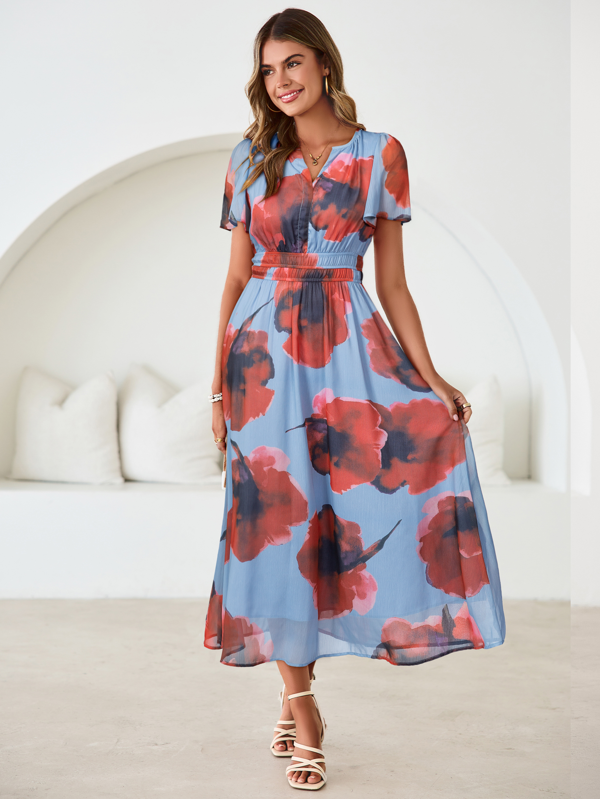 Floral V-Neck Smocked Waist Maxi Dress