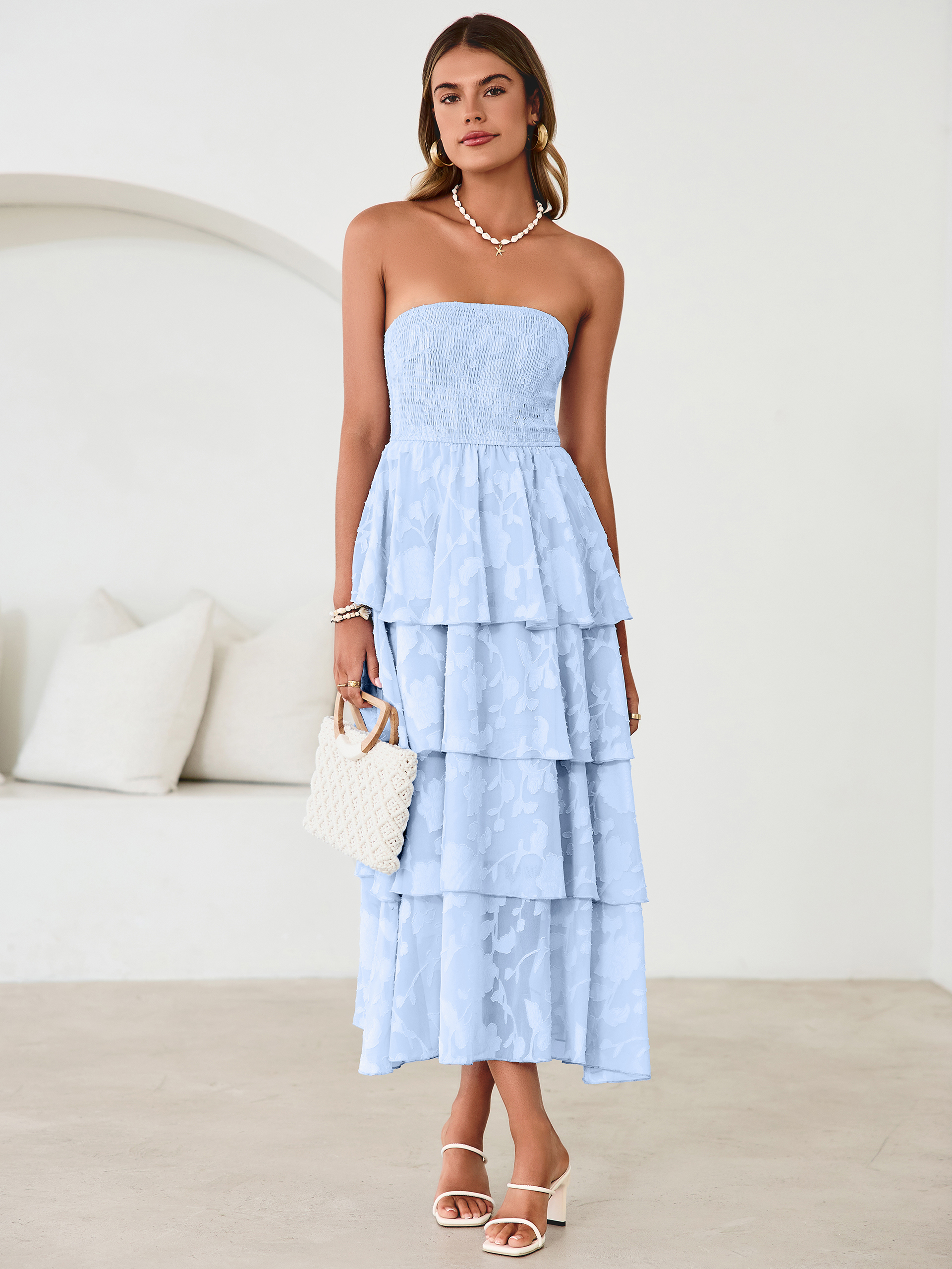 Floral Strapless Smocked Tiered Maxi Dress - Blue