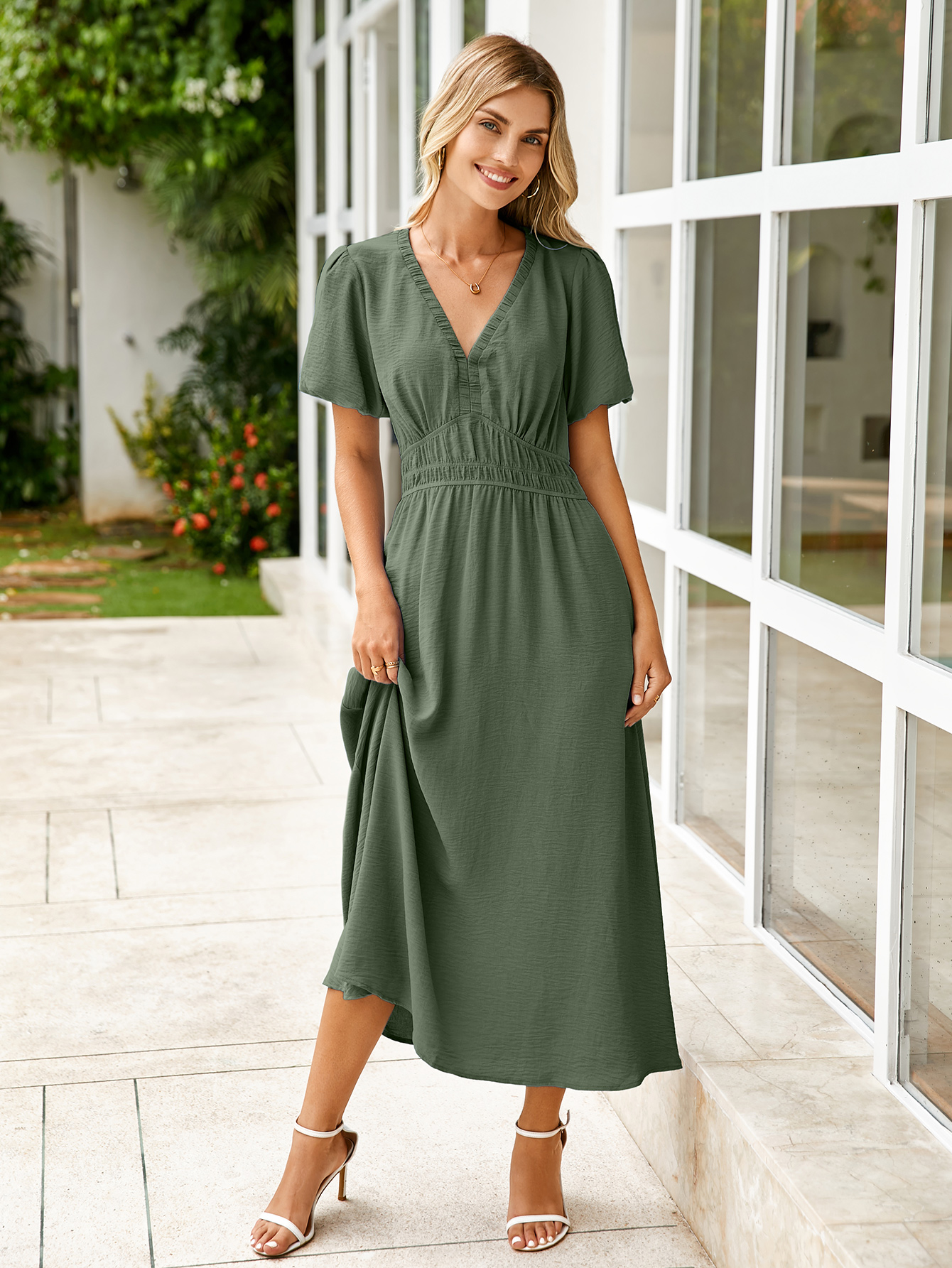 Boho Puff Sleeve Flowy Wedding Guest Maxi Dress