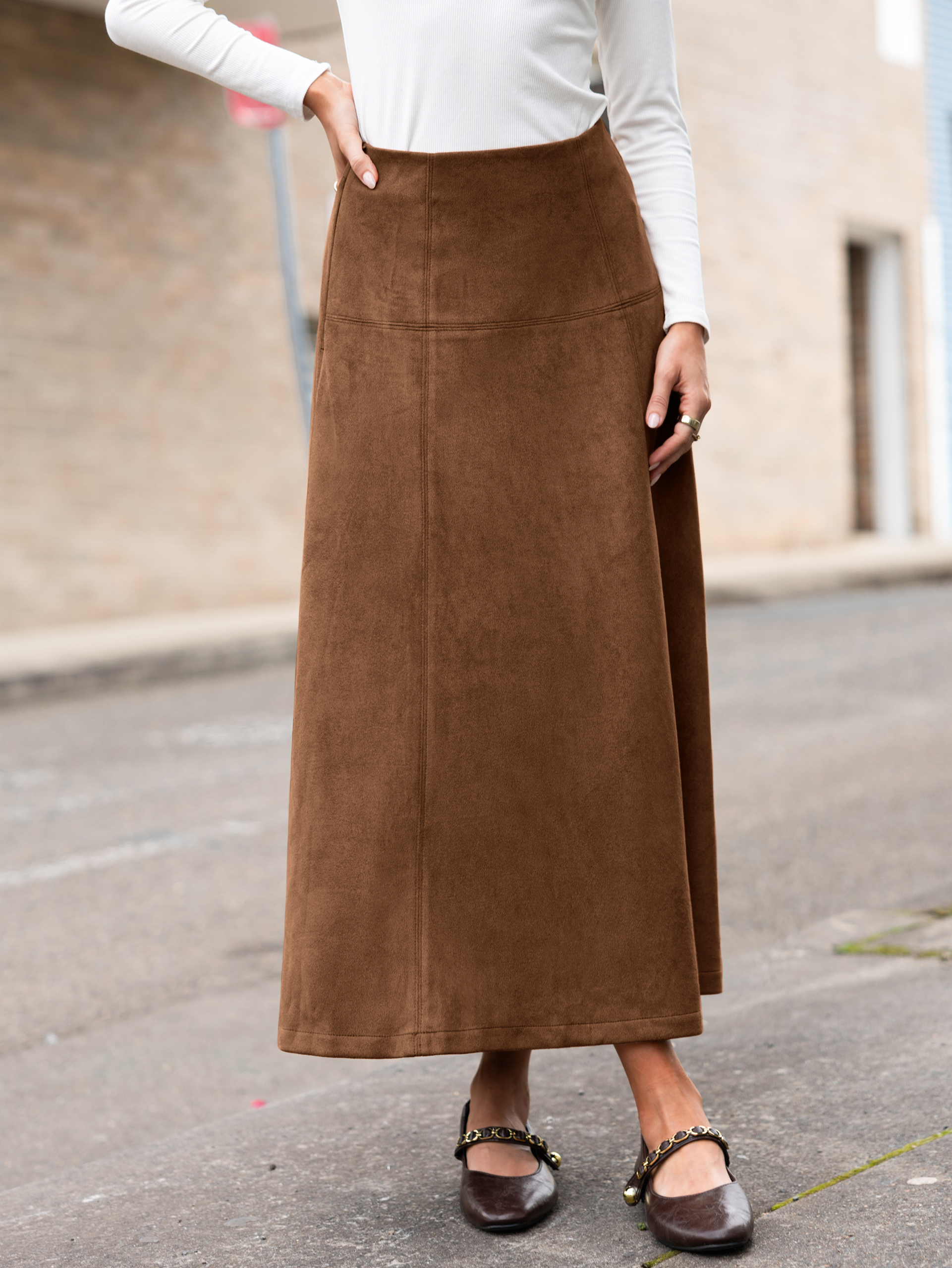 Faux Suede High Waisted Flare Midi Skirt