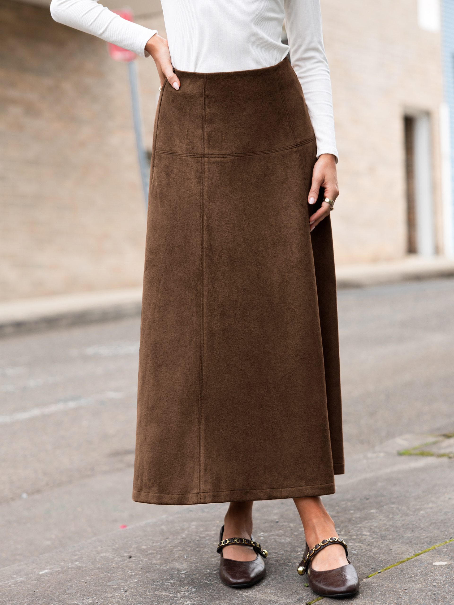 Faux Suede High Waisted Flare Midi Skirt