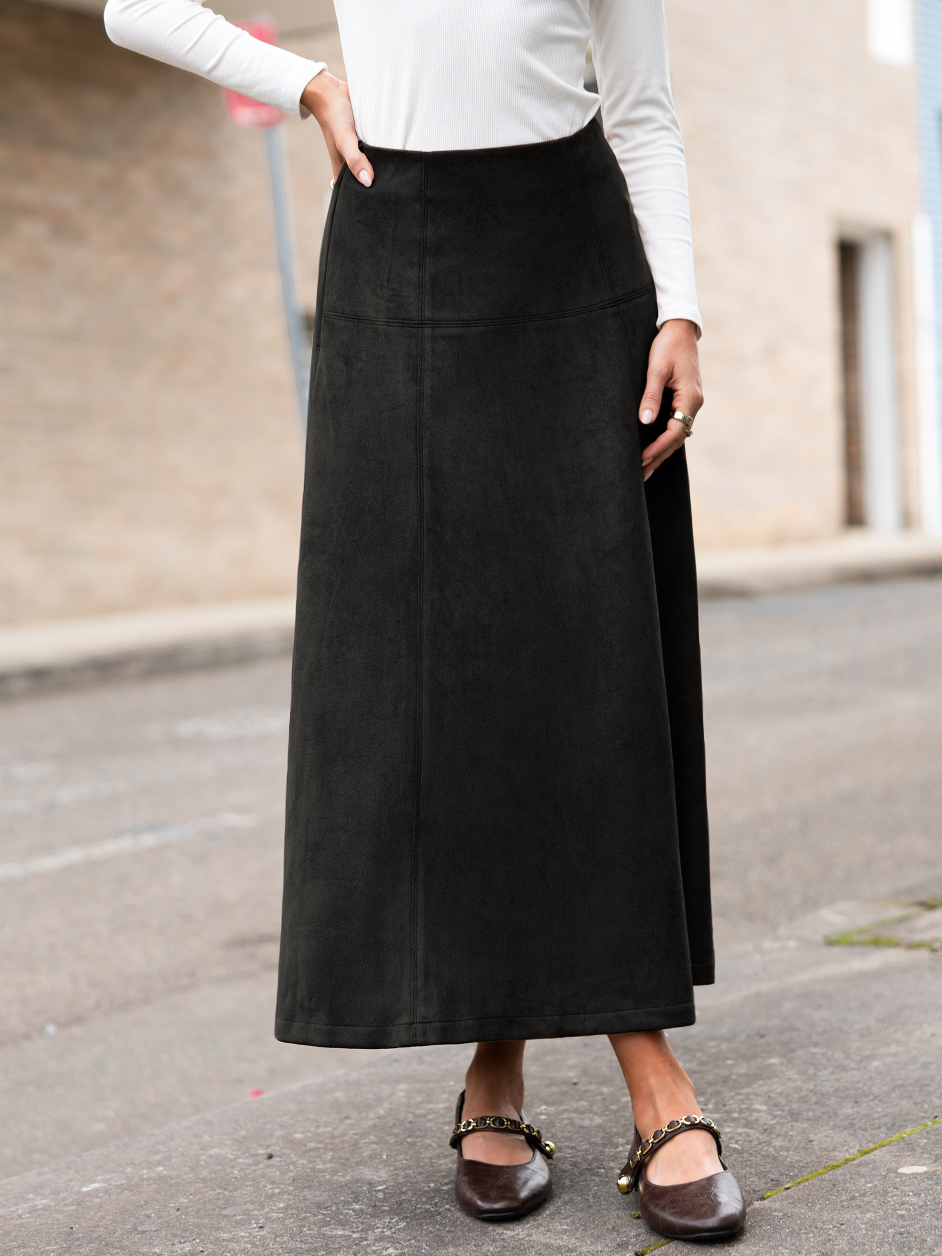 Faux Suede High Waisted Flare Midi Skirt