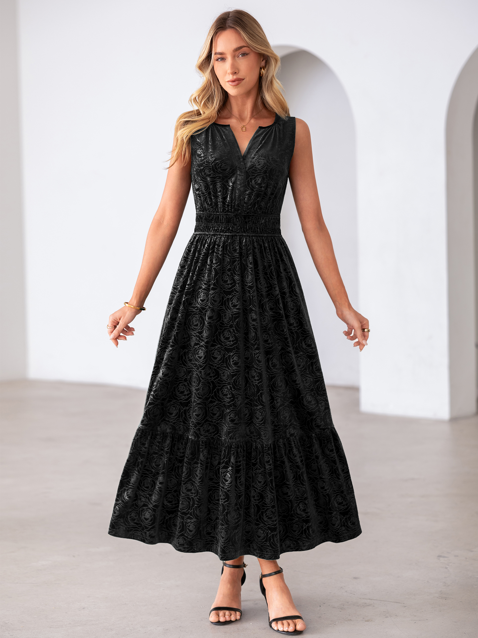 Sleeveless V-Neck Embossed Floral Velvet Maxi Dress - Black