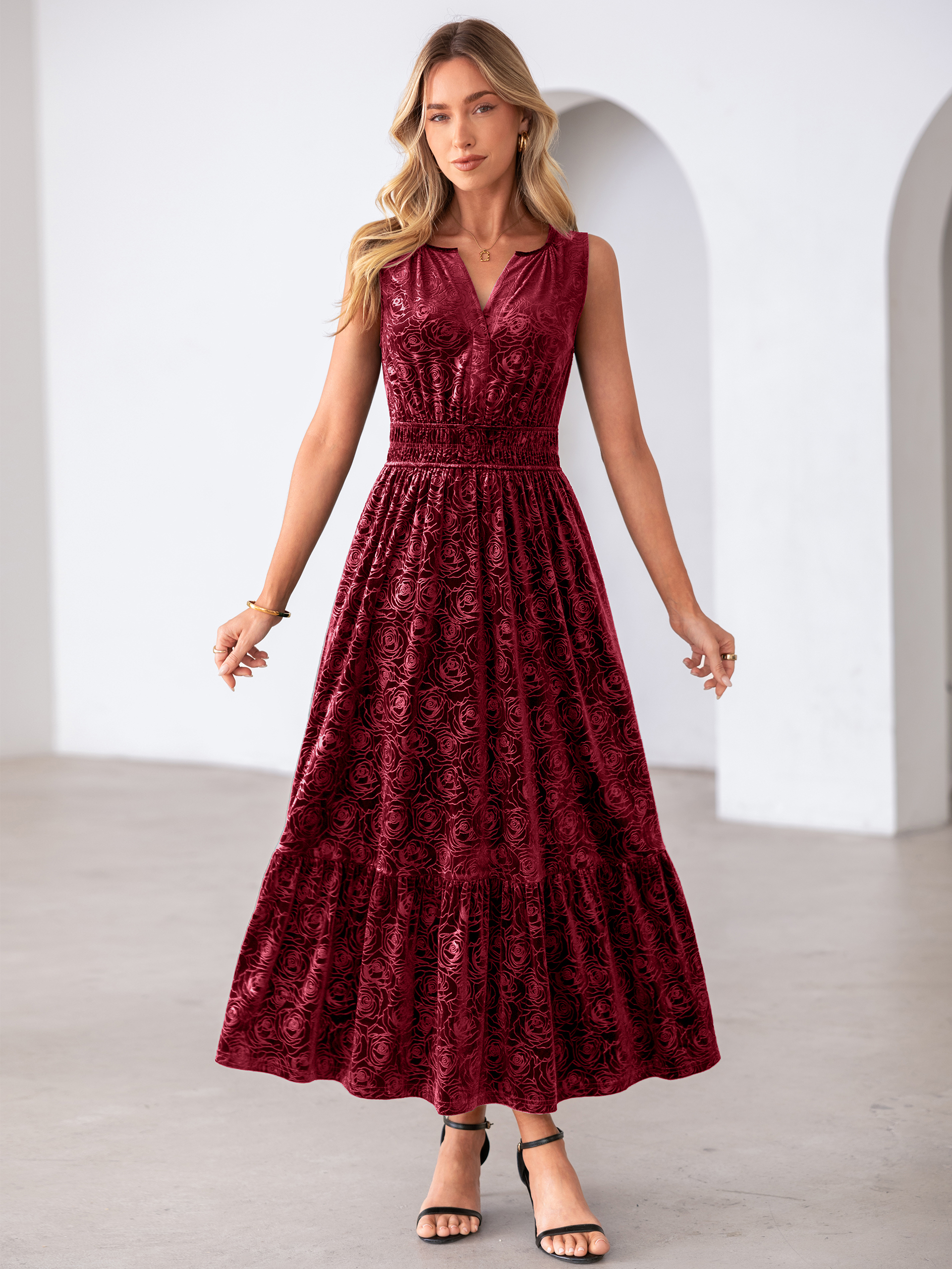Sleeveless V-Neck Embossed Floral Velvet Maxi Dress - Burgundy