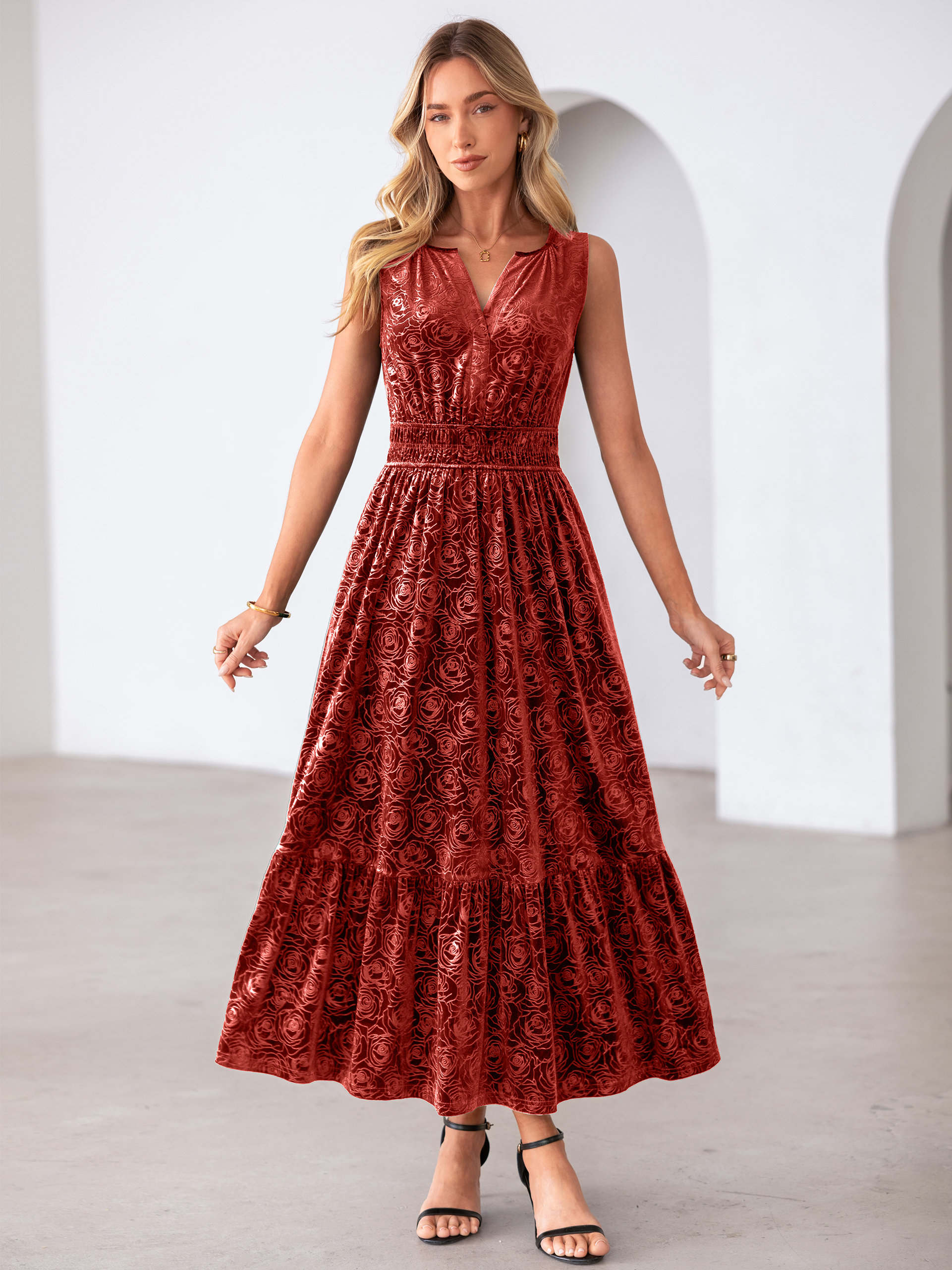 Sleeveless V-Neck Embossed Floral Velvet Maxi Dress - Orange Red
