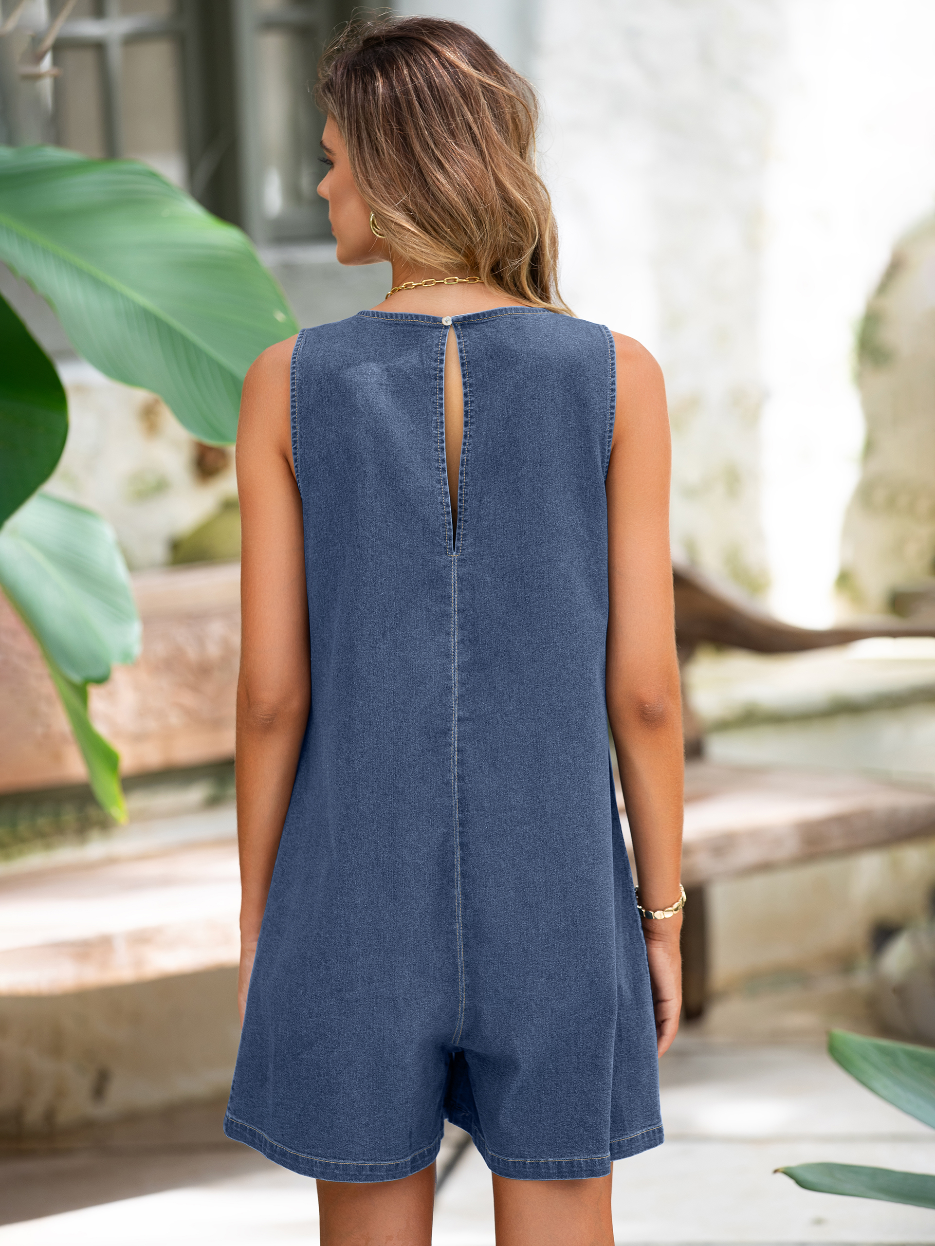 Sleeveless Crew Neck Loose Fit Denim Romper