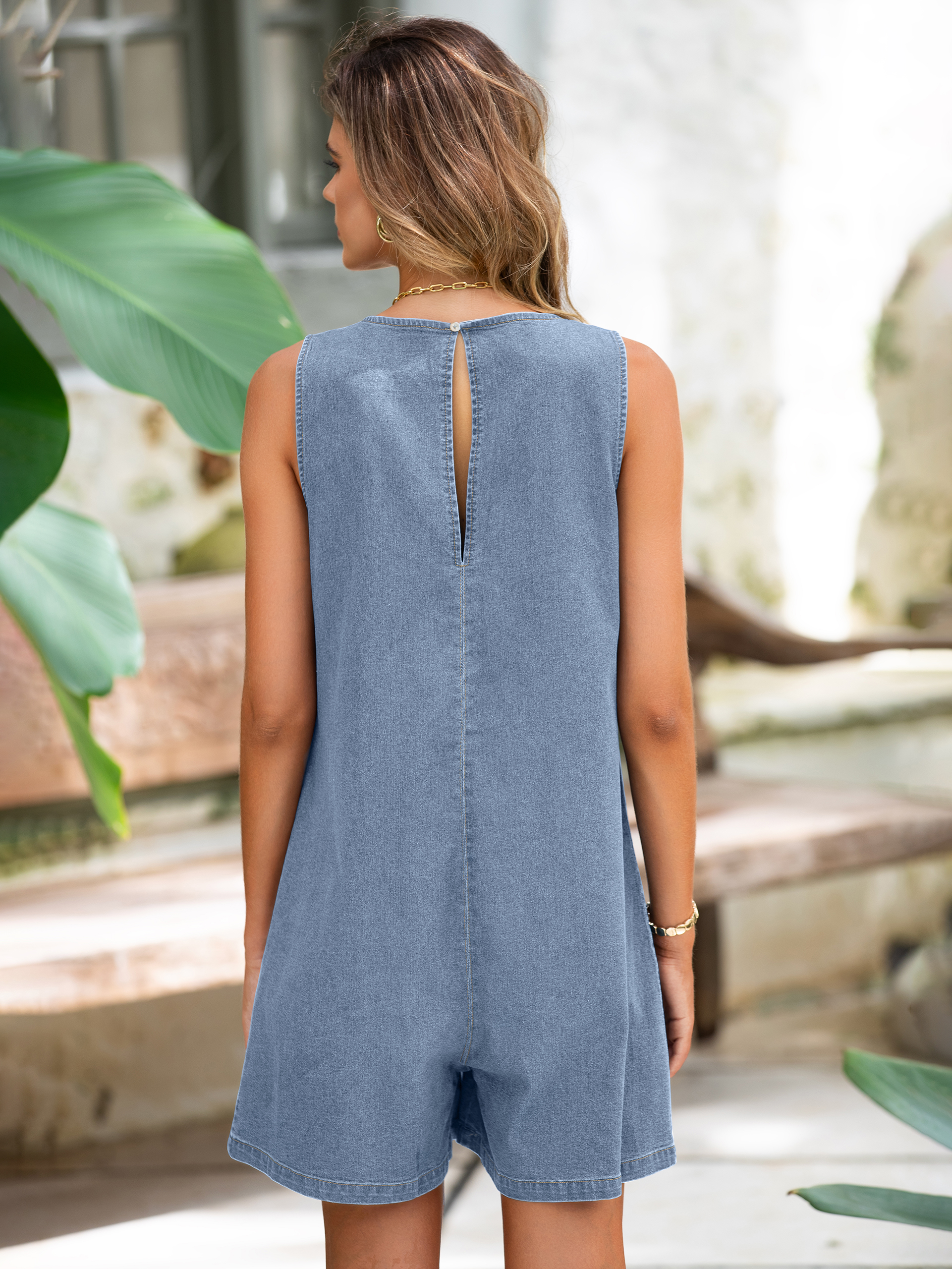 Sleeveless Crew Neck Loose Fit Denim Romper