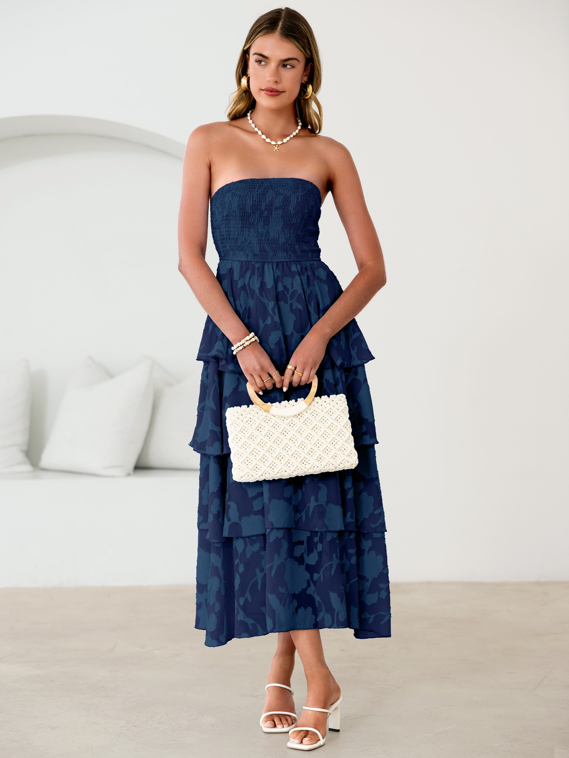 Floral Strapless Smocked Tiered Maxi Dress - Navy Blue