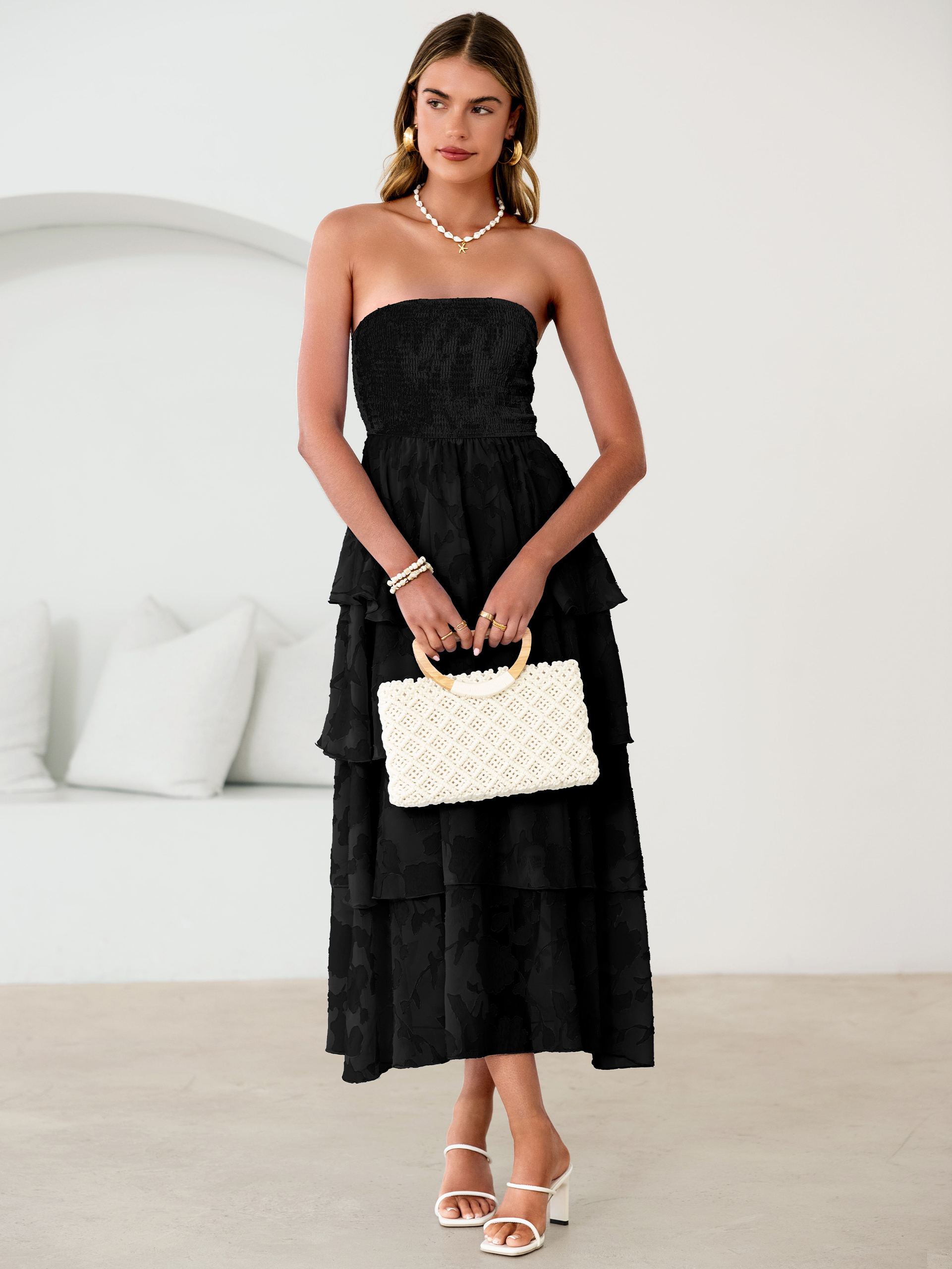 Floral Strapless Smocked Tiered Maxi Dress - Black